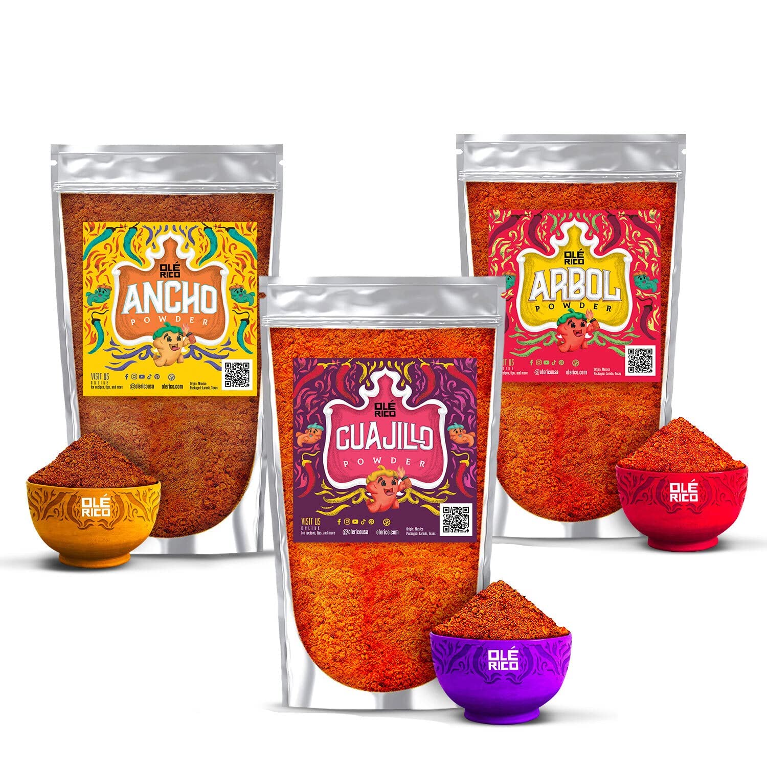 OL&Eacute; RICO - Chile Powder 3 Pack Bundle 12 oz Total - Ancho Powder, Guajillo Powder and Arbol Powder - The Spicy Trio - Great For Mexican Recipes -