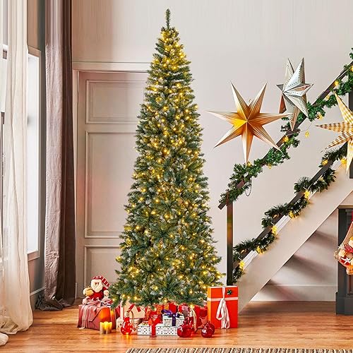 Miniatura 4 de HAPPYGRILL Árbol de Navidad artificial preiluminado de 9 pies, árbol de Navidad de lápiz con 1298 puntas de ramas nevadas y 500 luces LED, árbol