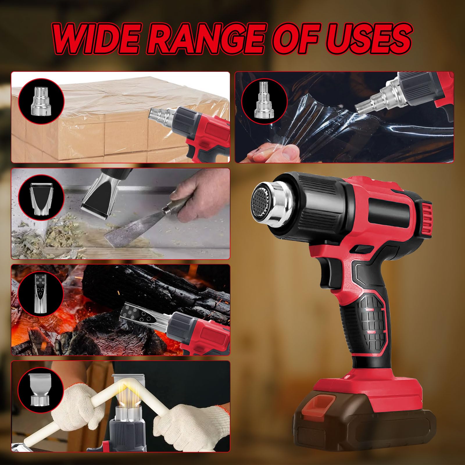 Pistola termica senza fili per Milwaukee 18 V, pistola ad aria calda con 5 ugelli, 2 impostazioni di temperatura max 550 °C per tubi termoretraibili in vinile, rimozione del colore, elettronica