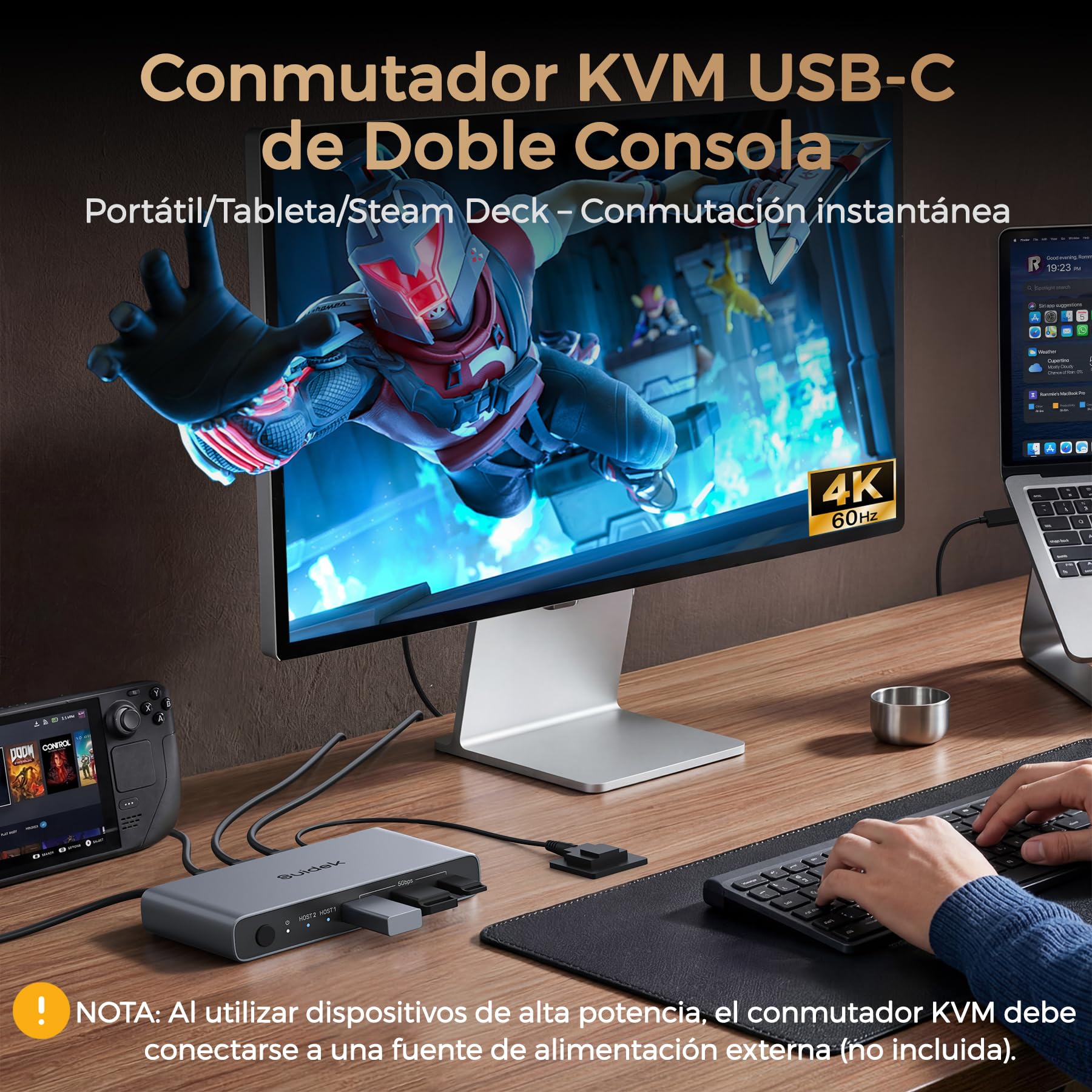 USB-C KVM Switch para 2 Ordenadores y 1 Monitor (4K@60Hz), Conmutador KVM con 2 Puertos USB A y 1 Puerto USB C, para Compartir 1 Monitor/Teclado/Ratón entre 2 Consolas u Ordenadores, Carga PD 100W