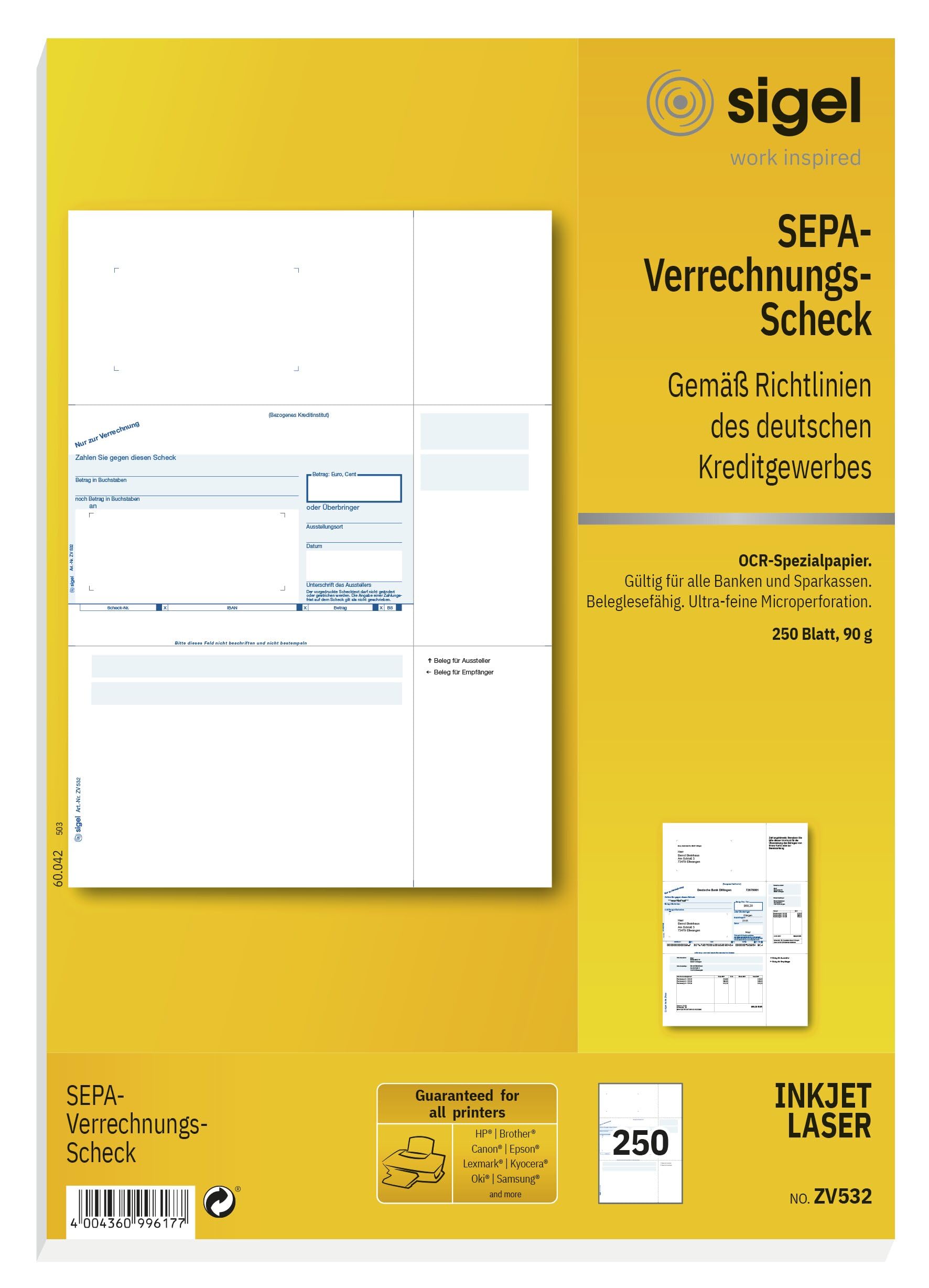SIGEL ZV532 SEPA-Verrechnungs-Schecks, A4, 250 Blatt