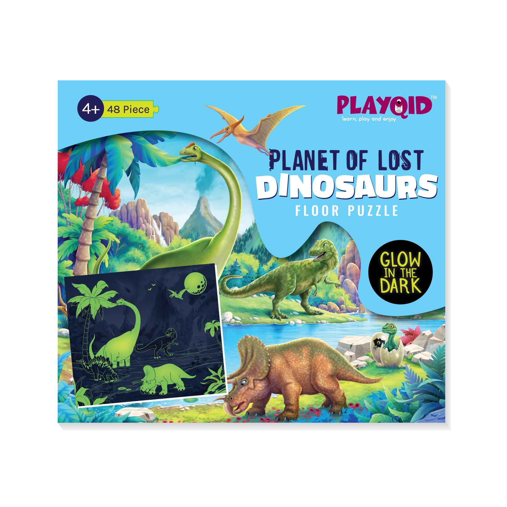 glow in the dark Dinosaur jigsaw puzzle for kids | Planet of lost dinosaur 48 piece floor puzzle for age 4 year old boys and girls | Educational and Fun