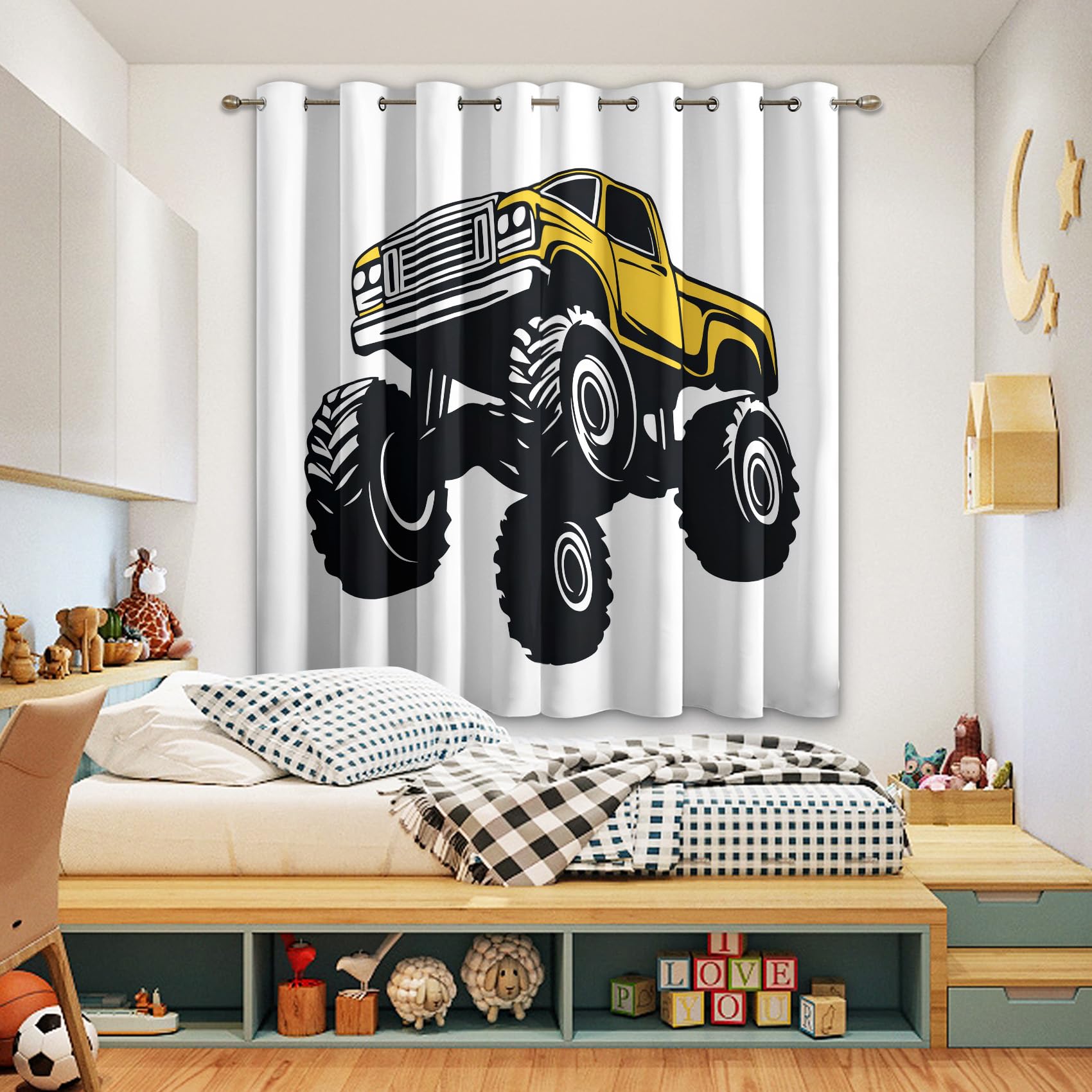 Générique Rideau Occultant Enfant Camion, Rideaux Motif Voiture Cartoon, Rideau Thermique Isolant à Oeillets, Rideaux Fenetre Imprimé pour Salon Chambre Décoration, Lot de 2, 75x166 cm GSJC82