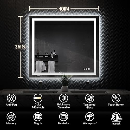 Miniatura 7 de ISKM Espejo LED de 40 x 36 pulgadas para baño, espejo de tocador iluminado para luces delanteras de pared + espejo de baño LED retroiluminado,