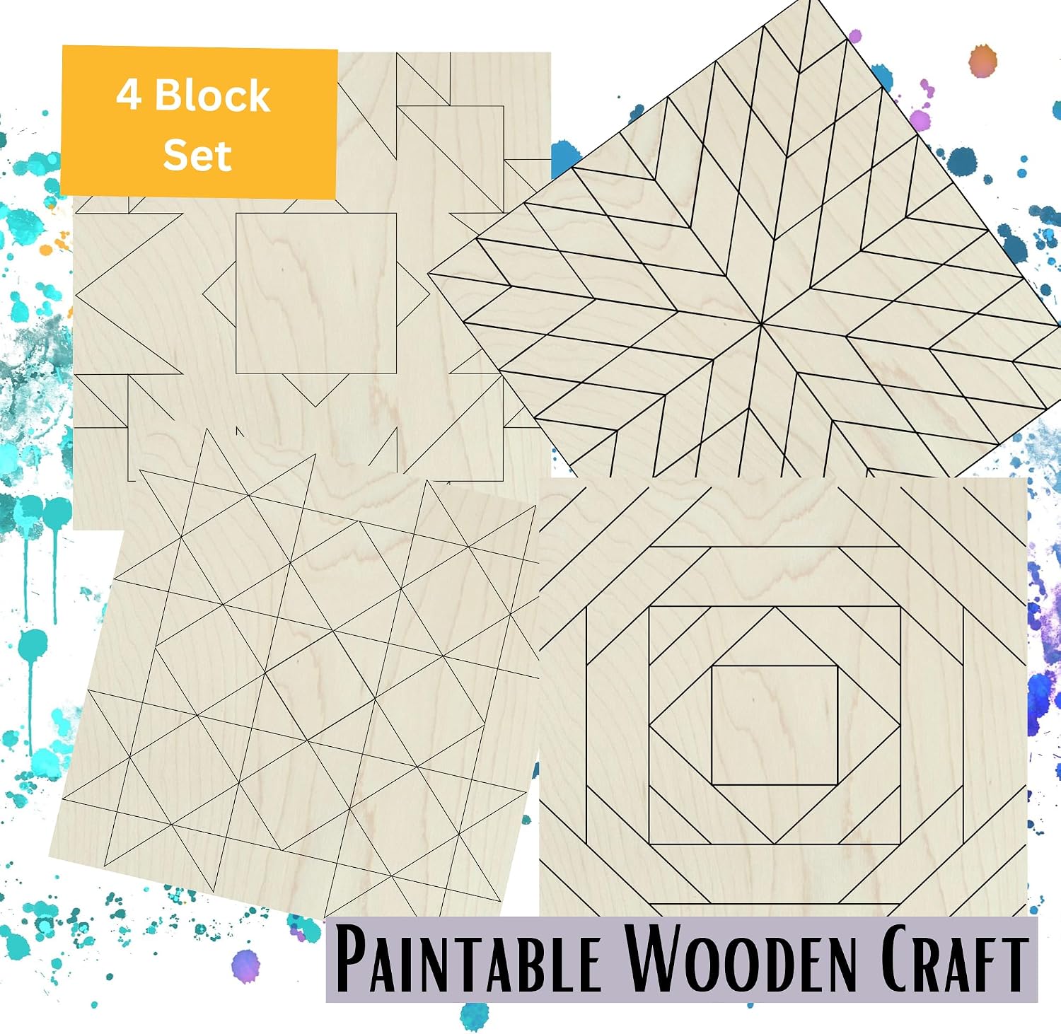 Set of 4 Coasters Small Barn Quilt Kit DIY Pattern Unfinished Wood Quilting Block Sign 4 inches Paintable Art for Adults and Kids (Aztec,Pineapple,HSTFun,LGMilkyStar, 9 inches (Set of 4))
