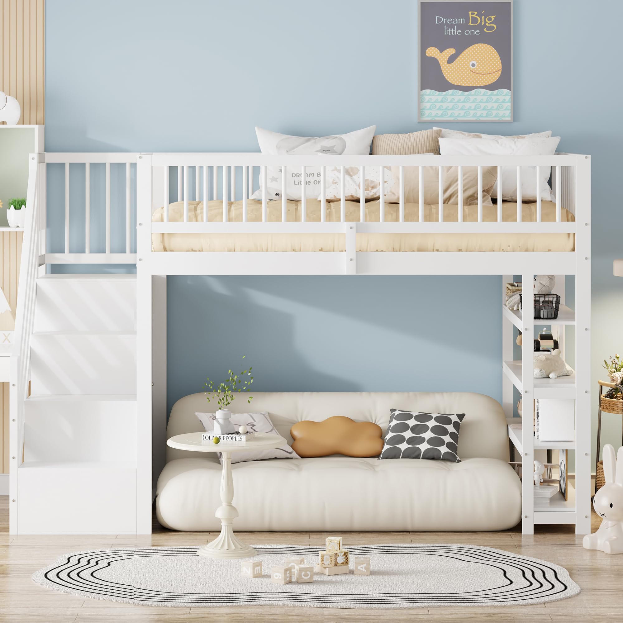 Cama alta de 90 x 200 cm, cama infantil, diseño de seguridad con armario, estantes y espacio de almacenamiento con escalera de seguridad, cama multifunción, cama de madera maciza (blanco)