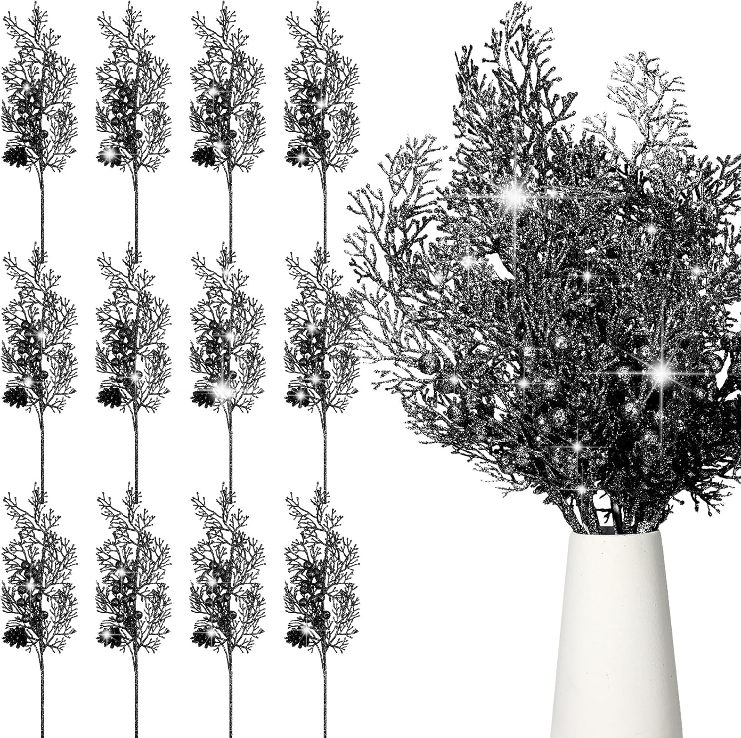 Tigeen 12 Pcs Christmas Tree Picks Bulk Artificial Christmas Tree Filler Glitter Berries Stems Branches Floral Decorations 15.75'' Xmas Sprays Twigs Berry Picks for Vase (Silver)