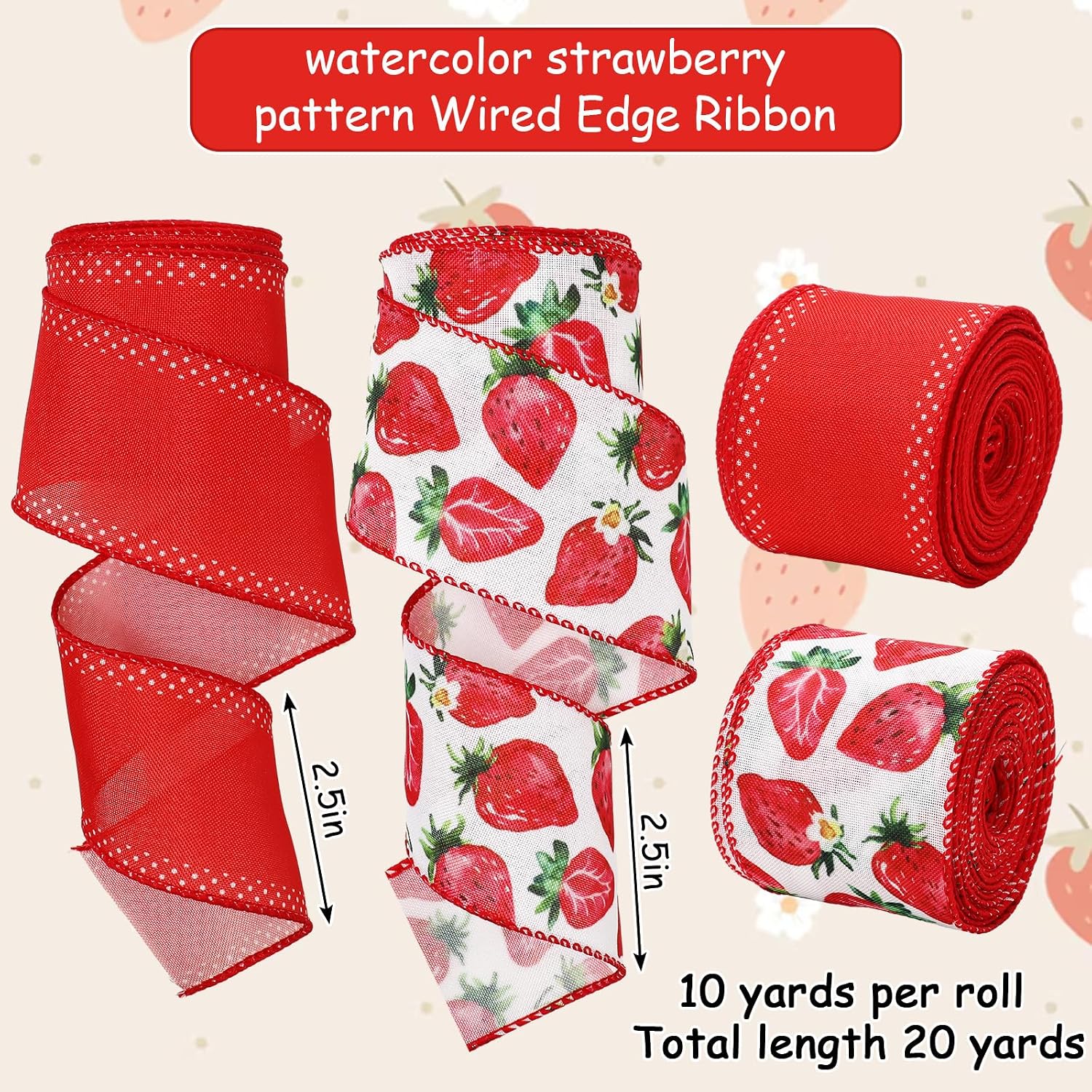 JarThenaAMCS 2 Rolls Strawberry Wired Edge Ribbon 2.5 Inch Red Watercolor Fruit Decorative Fabric Ribbons for Wreath Bow DIY Craft Gift Wrapping Summer Holiday Party Supplies, 20 Yard