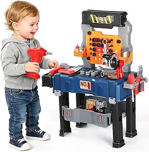 Kids Tool Bench - Power Tools Workshop-Kids Workbench, 65 Pcs Realistic Toy Tools with Electronic Toy Drill, Gift for Boys & Girls Age 3-5 (Navy Blue)