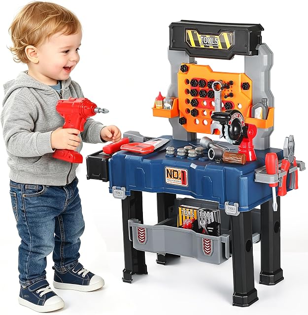 Banque d'outils pour enfants - Outils d'alimentation Atelier-Kids Workbench 65 Pcs Realistic Toy Tools avec perce-jouet électronique, Cadeau pour les garçons & Filles de 3 à 5 ans (Navy Blue)