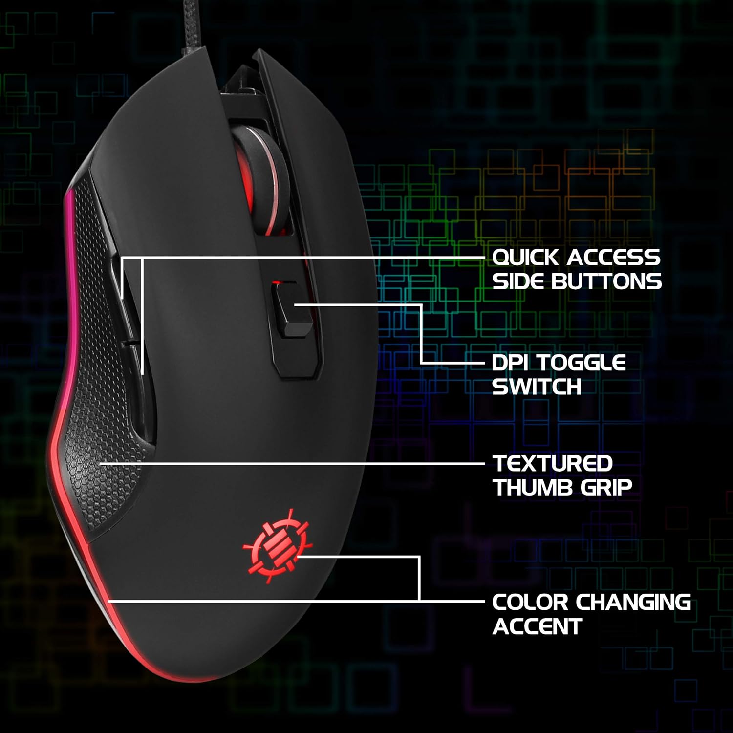 ENHANCE Infiltrate Gaming Mouse with labeled features