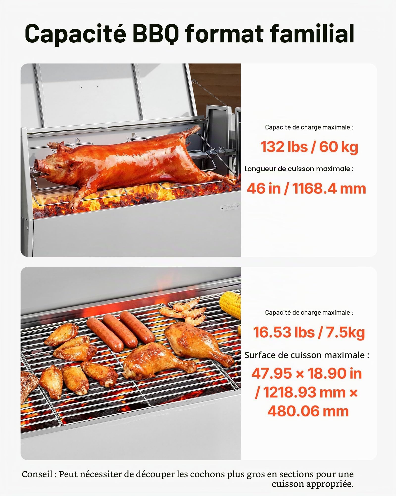 VEVOR Barbecue à Charbon Chargeant 60 kg, Barbecue Rôtissoire avec Roues, Kit de Tournebroche Électrique 38 W, 4 Niveaux de Hauteur, Broche en Acier Inoxydable, pour Agneau Porcelet, Extérieur
