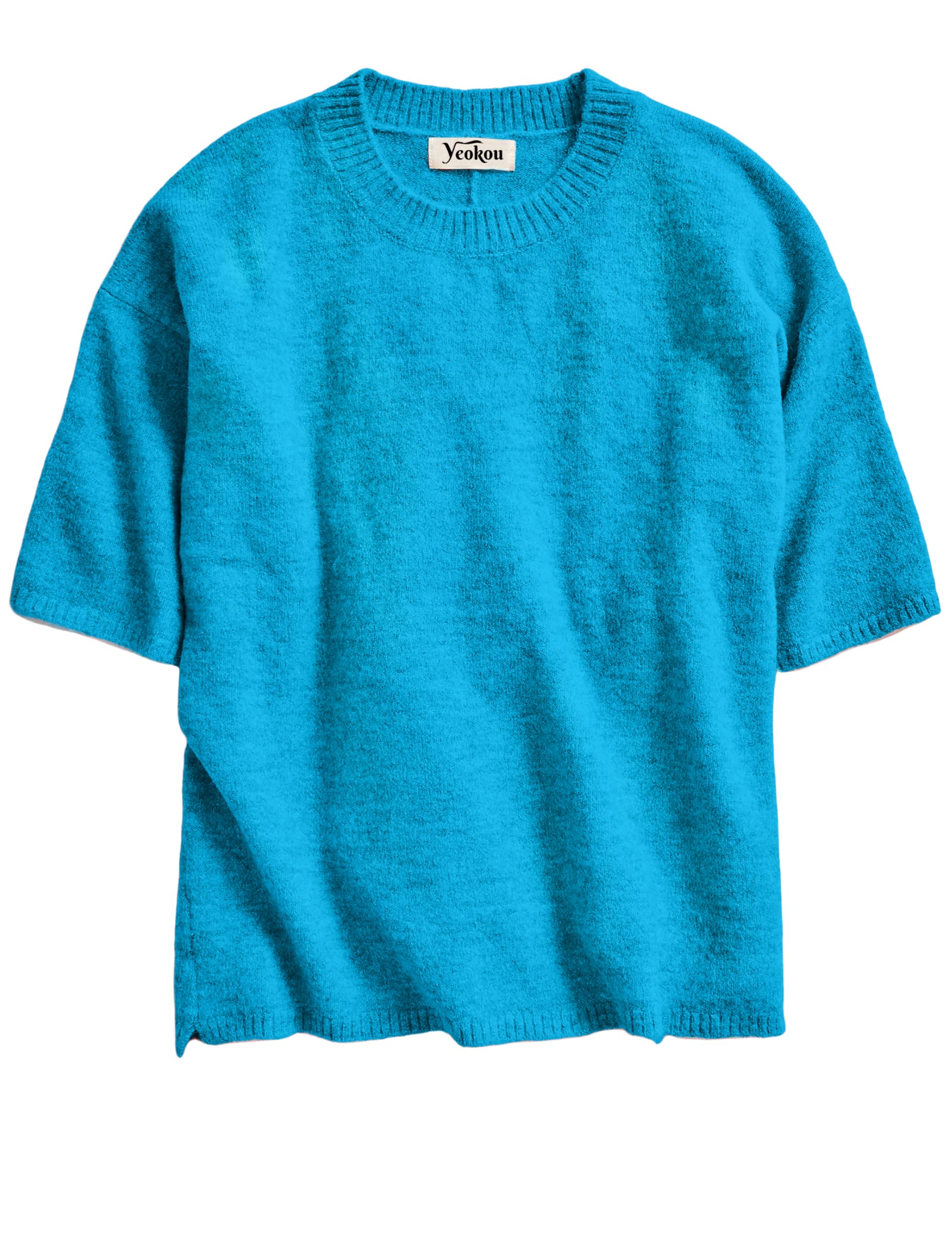 Yeokou Women Sweater Tee Casual Crewneck Short Sleeve Pullover Top Ribbed Knit Loose Shirt