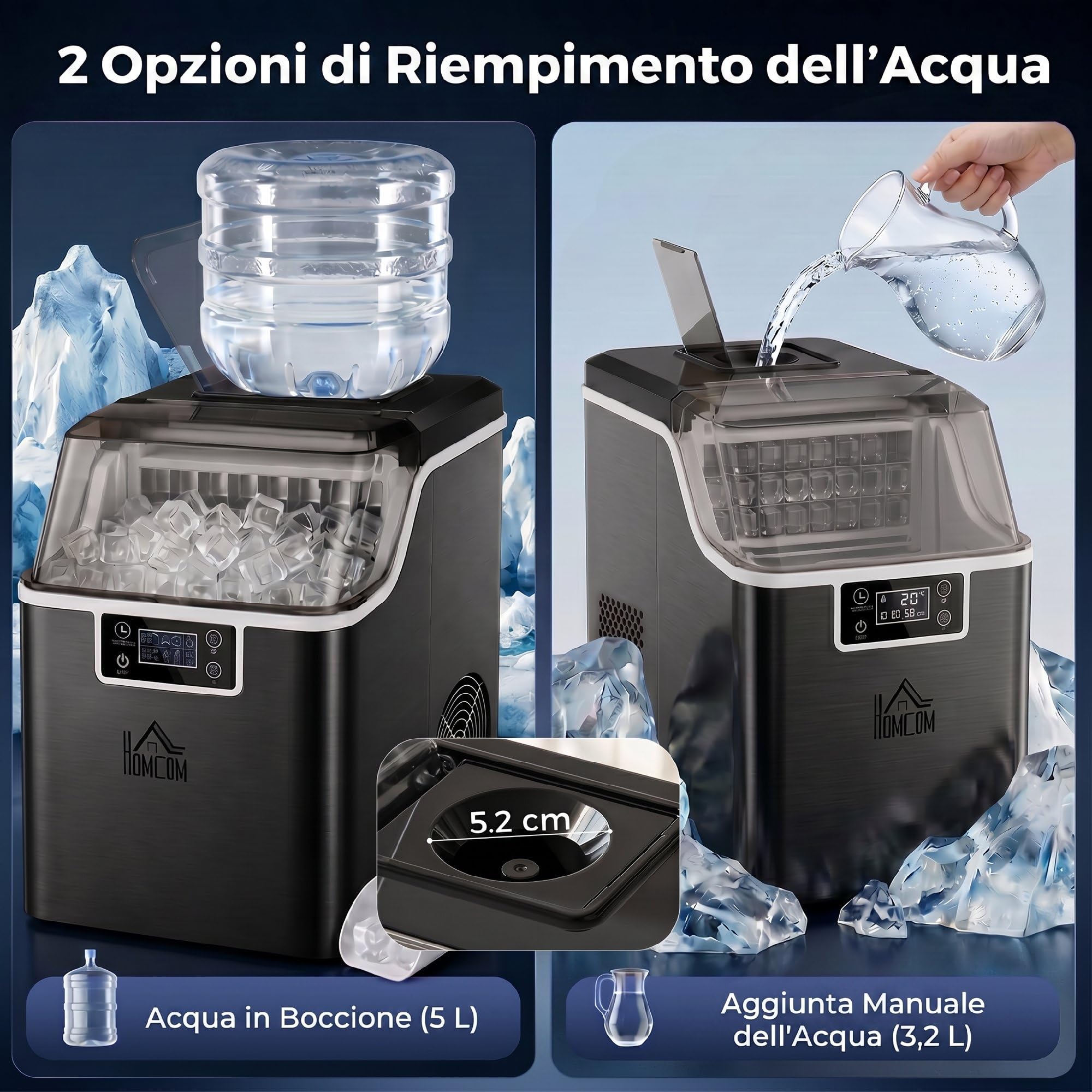 HOMCOM Macchina Ghiaccio 20kg in 24 Ore, Riempimento Manuale o con Bottiglia, 24 Cubetti in 14-18 Minuti con Paletta, Dimensione Regolabile, Serbatoio 3.2L e Sistema Autopulente, Nero