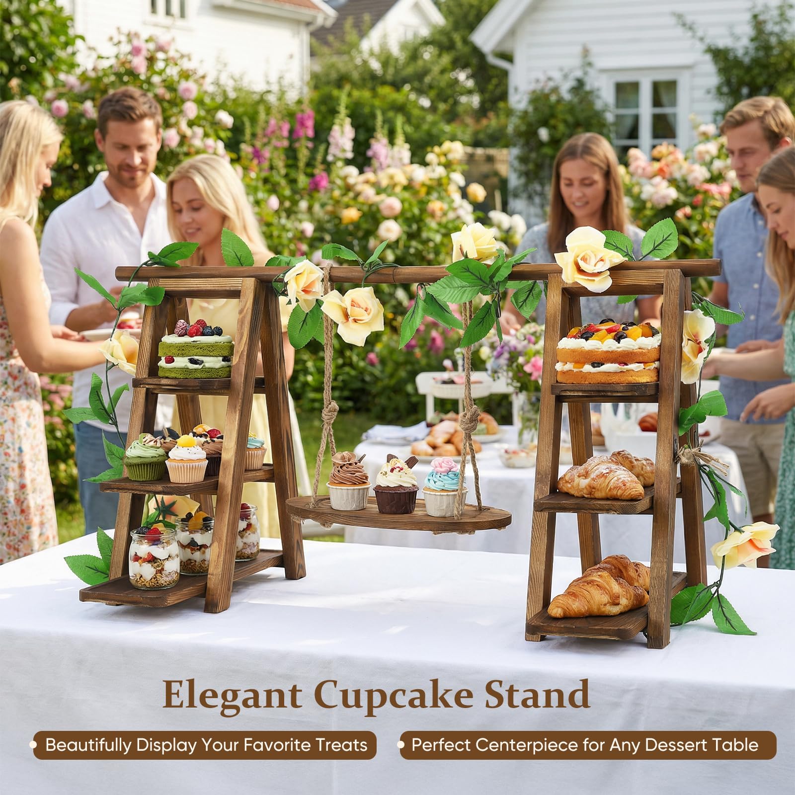 Holz Cupcake Ständer 3-stufig, 82cm Großer Akazienholz Kuchenständer, Faltbarer Dessert Präsentierständer mit Schrägen Etagen für Geburtstag, Nachmittagstee, Hochzeit, Party, Café (7 Bretter)