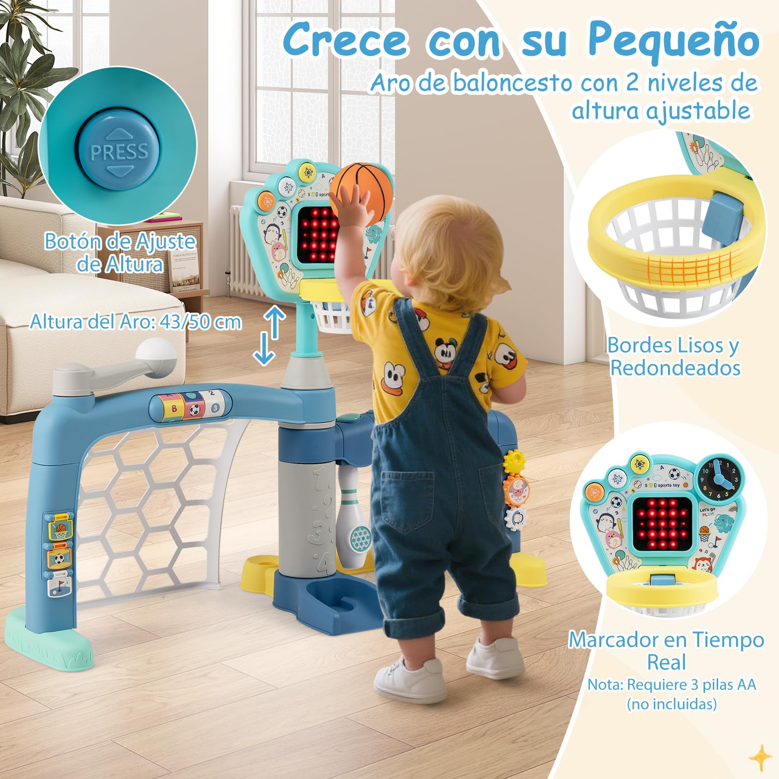 GOPLUS Juguetes Deportivos para Niños, Centro de Actividades 5 en 1 con Baloncesto, Fútbol, Bolos, Béisbol y Golf con Luces y Sonidos, para Niños de 1-3 Años