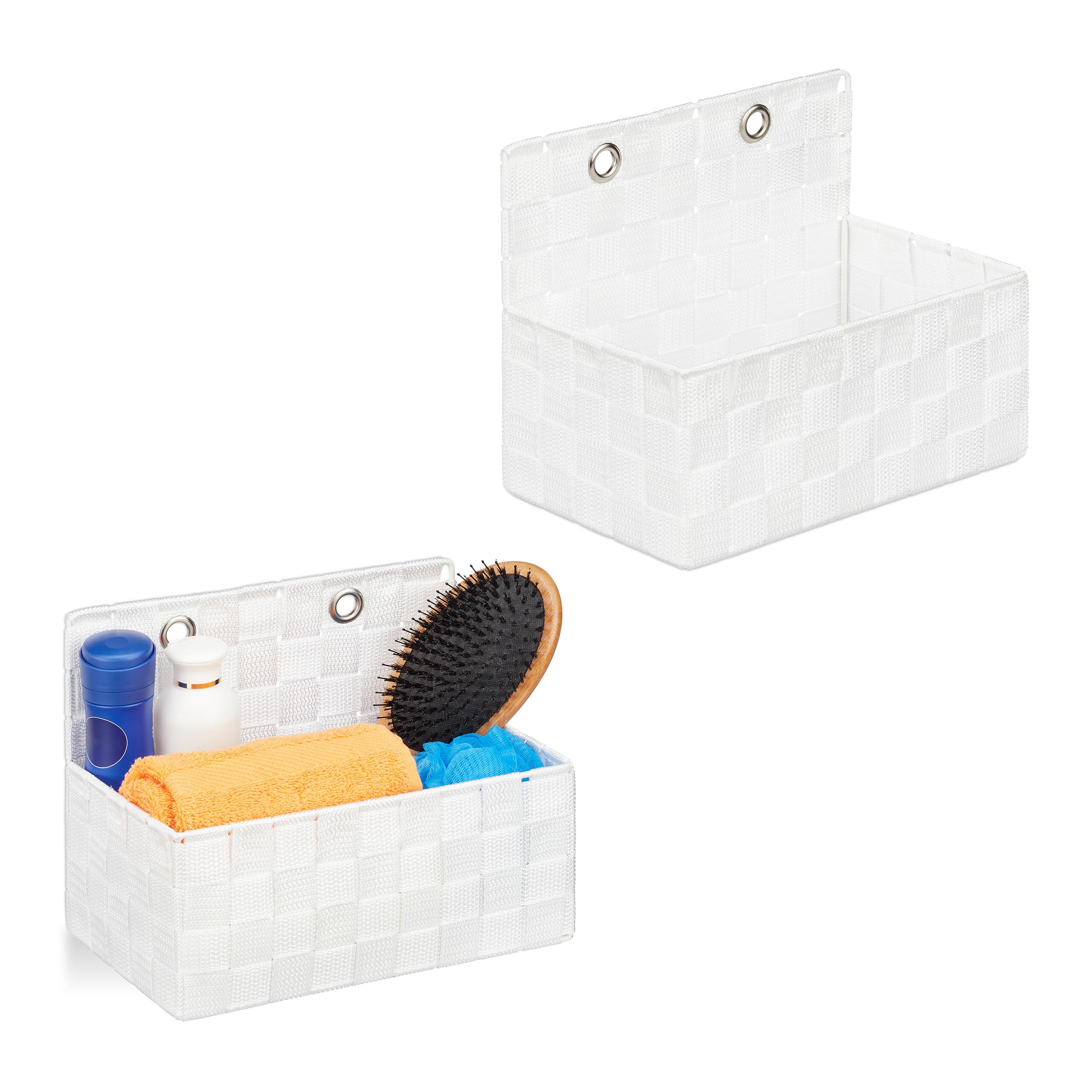 Relaxdays Hanging Storage Basket, Set of 2, Wicker Look, Bathroom or Hallway, Wall-Mounted Organiser, 20x25x6.5cm, Whitw