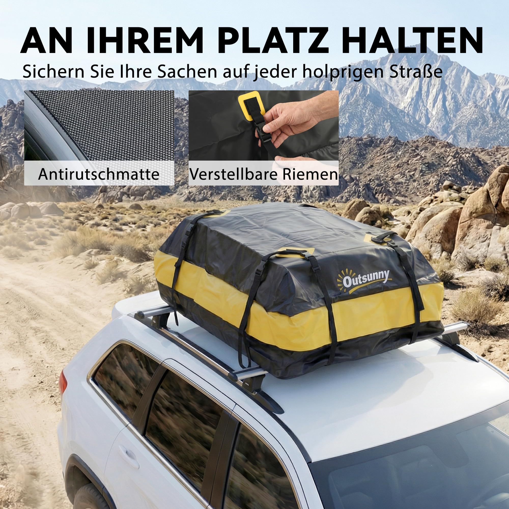 Outsunny Dachbox Auto 425L Wasserdicht 8 Verstärkte Gurte Türhaken Gelb | Dachgepäckträger Tasche, für alle Fahrzeugdächer mit/ohne Gepäckträger, Gepäckbox, Rutsch-Matte