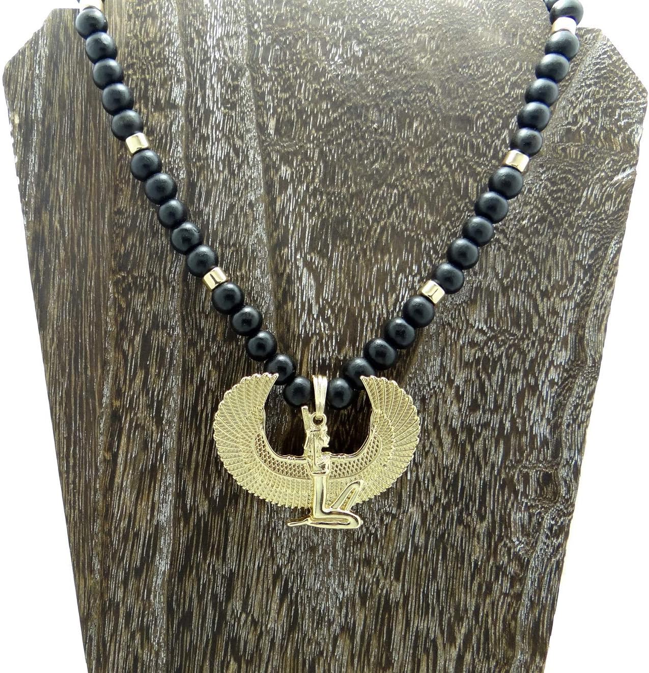 CBC Crown Goddess with Wings Egyptian Goddess Pendant Wooden Bead Necklace - Gold or Silver Tone