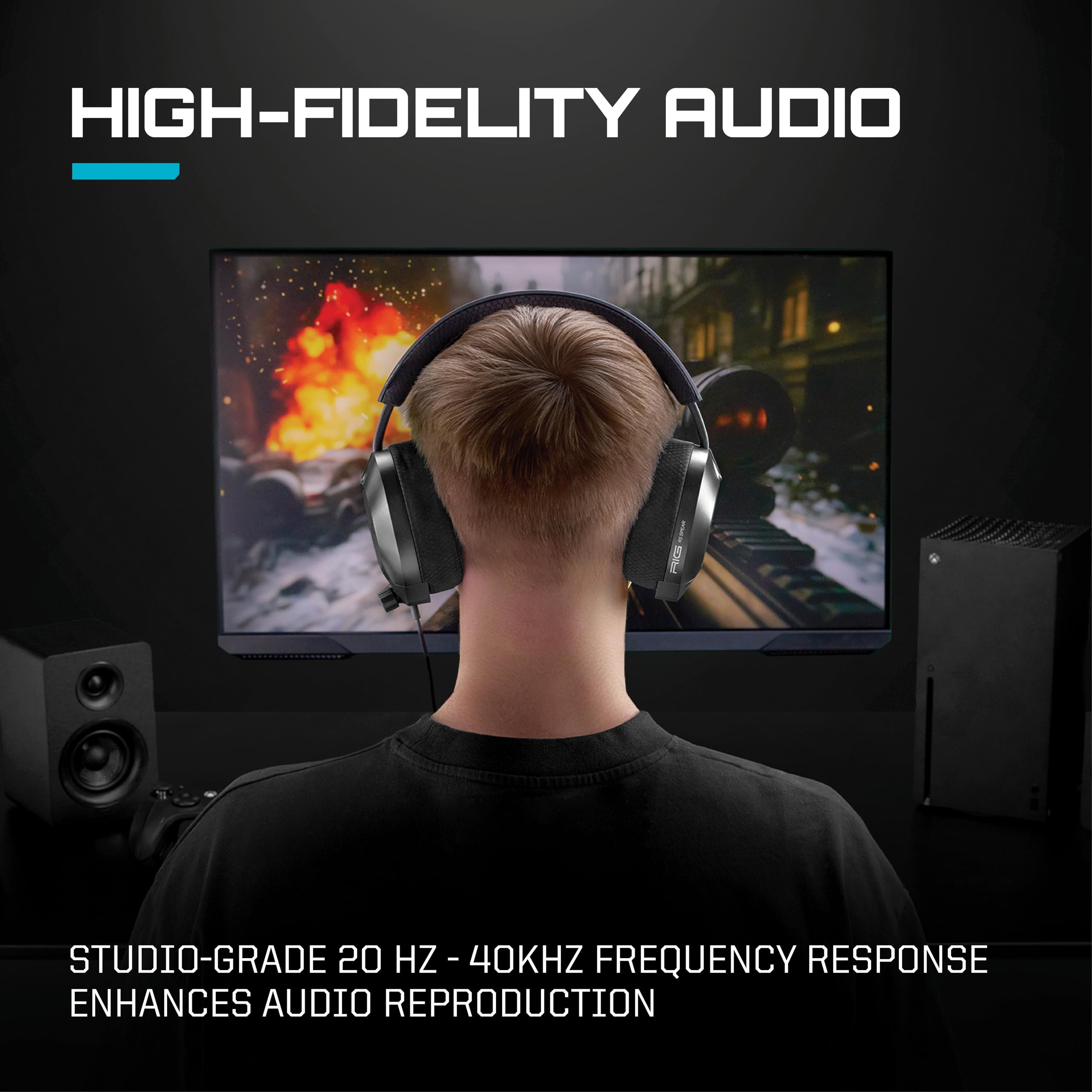 RIG R5 Spear PRO HC - Cuffie da gioco multipiattaforma cablate per PS5, PS4, Xbox Series X|S, Nintendo Switch/Switch 2, PC, driver in grafene da 40 mm, audio Dolby Atmos 3D, microfono flip-to-mute