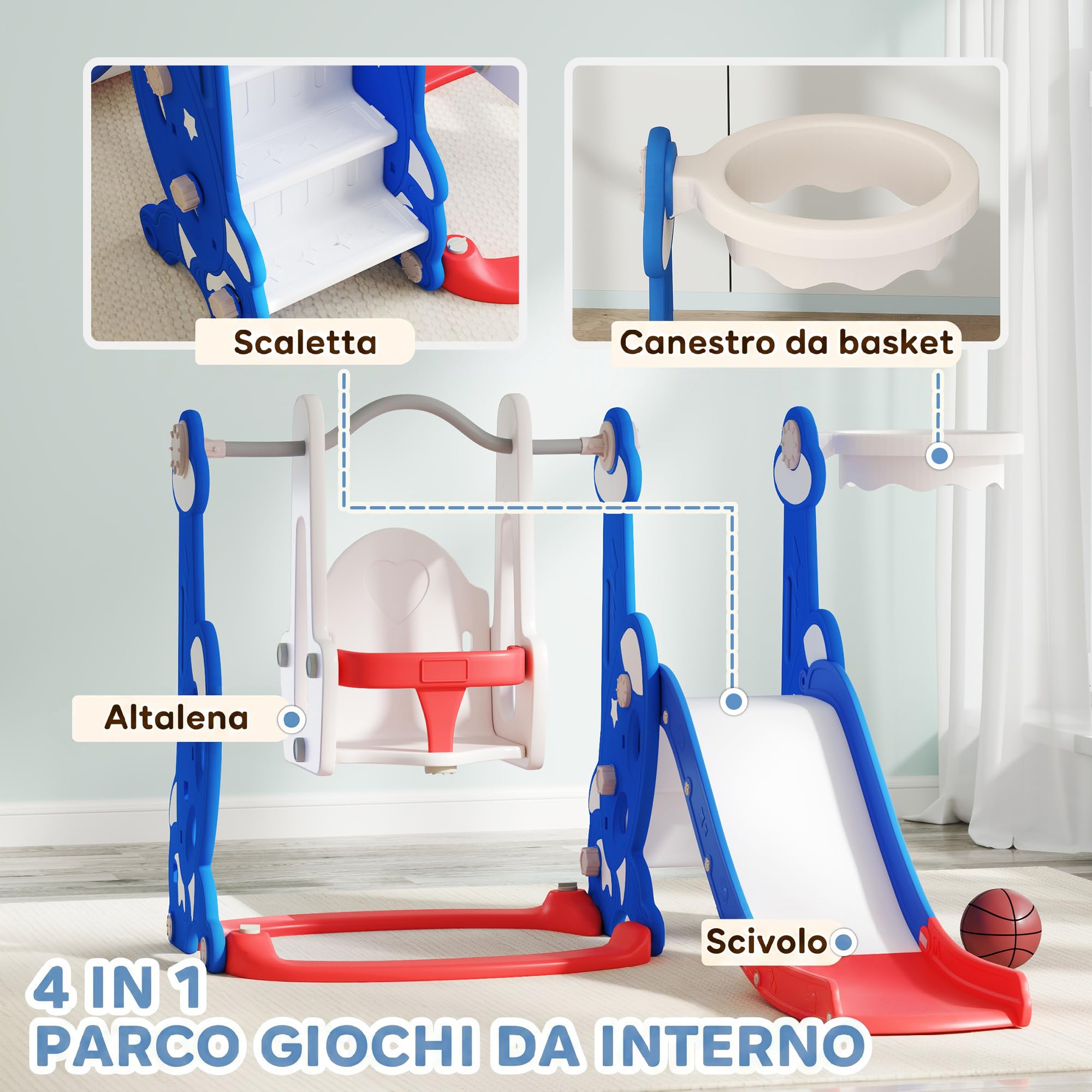 Qaba 4-in-1 Kletterrutsche mit Basketballkorb, 1,5-4 J., dunkelblau | Baby-Kinder Indoor-Rutsche-Schaukel-Set, Indoor-Spielplatz, für Jungen Mädchen Kleinkind, Raketen-Thema
