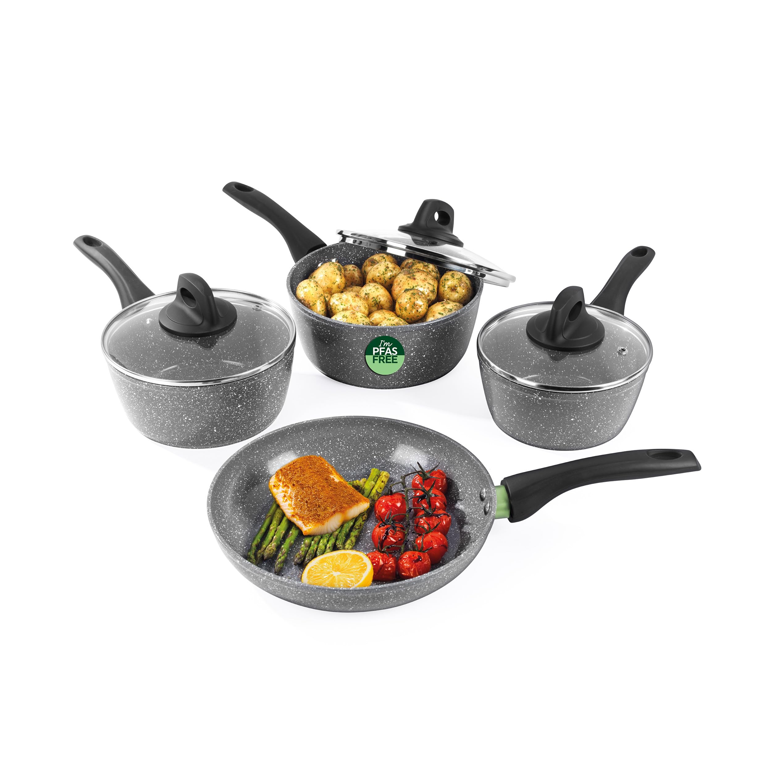 Salter Go Green Thermo Collar 4-częściowy zestaw patelni – technologia wskaźnika ciepła, bez PFAS, rondle 16, 18, 20 cm z pokrywkami i patelnią 24 cm, ceramiczne nieprzywierające, miękkie w dotyku