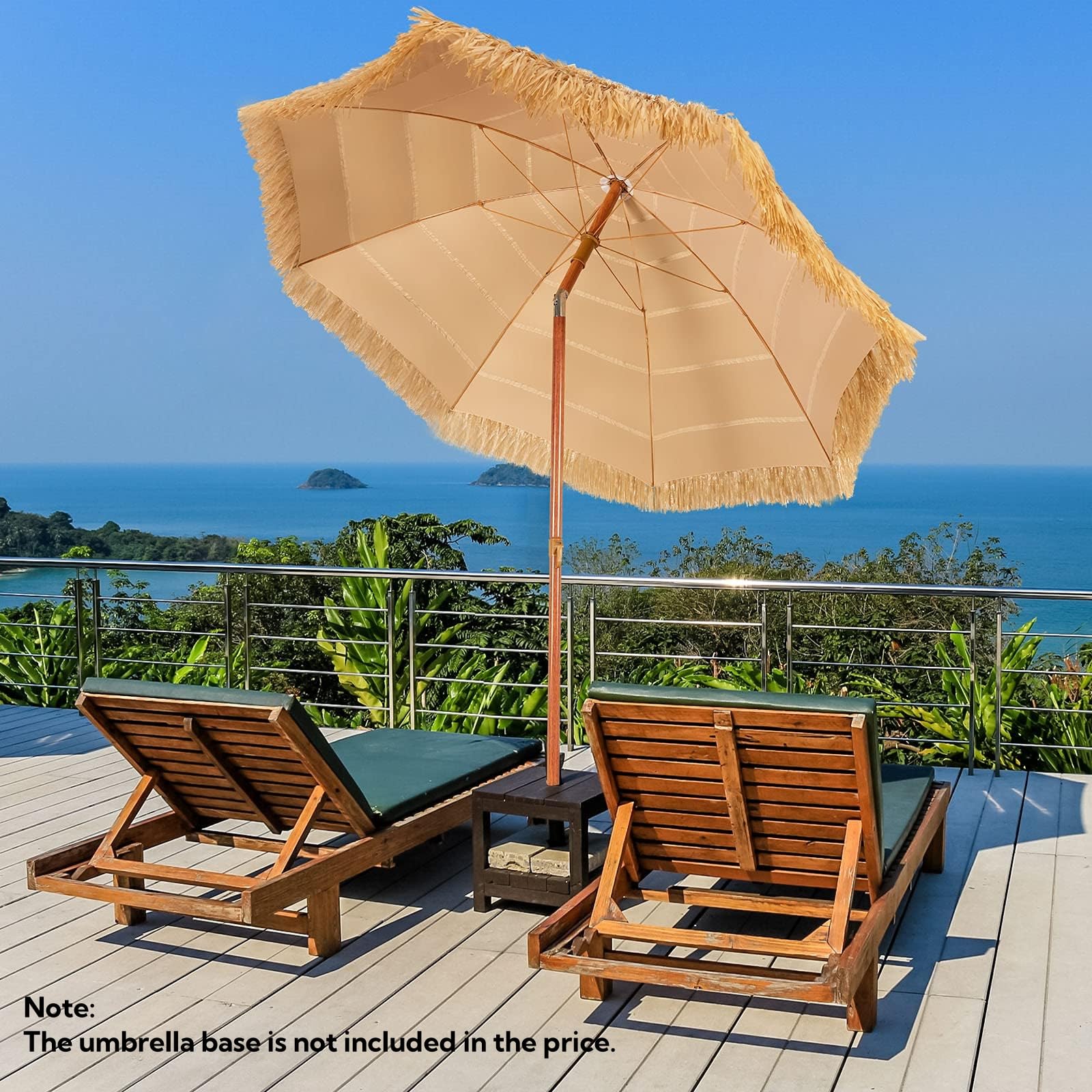 GIANTEX Sonnenschirm Hawaii Ø 200 cm Gartenschirm Balkonschirm knickbar Strandschirm mit Fransen Terrassenschirm mit Verankerung rund Hawaii Schirm beige