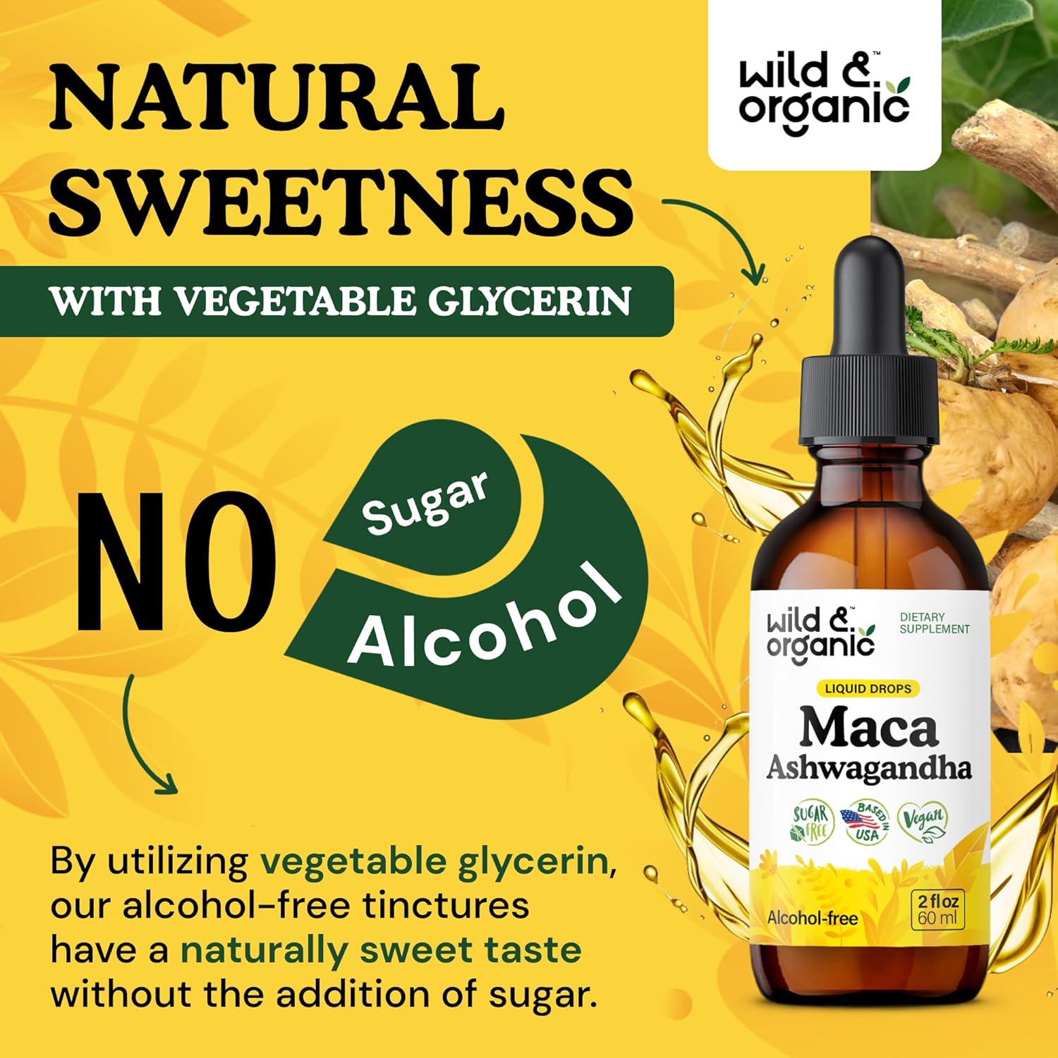 Wild & Organic Maca Ashwagandha Drops for Men and Women - Peruvian Maca Root and Ashwagandha Tincture for Overall Support - Vegan, Sugar & Alcohol-Free Extract Supplement - 2 fl oz