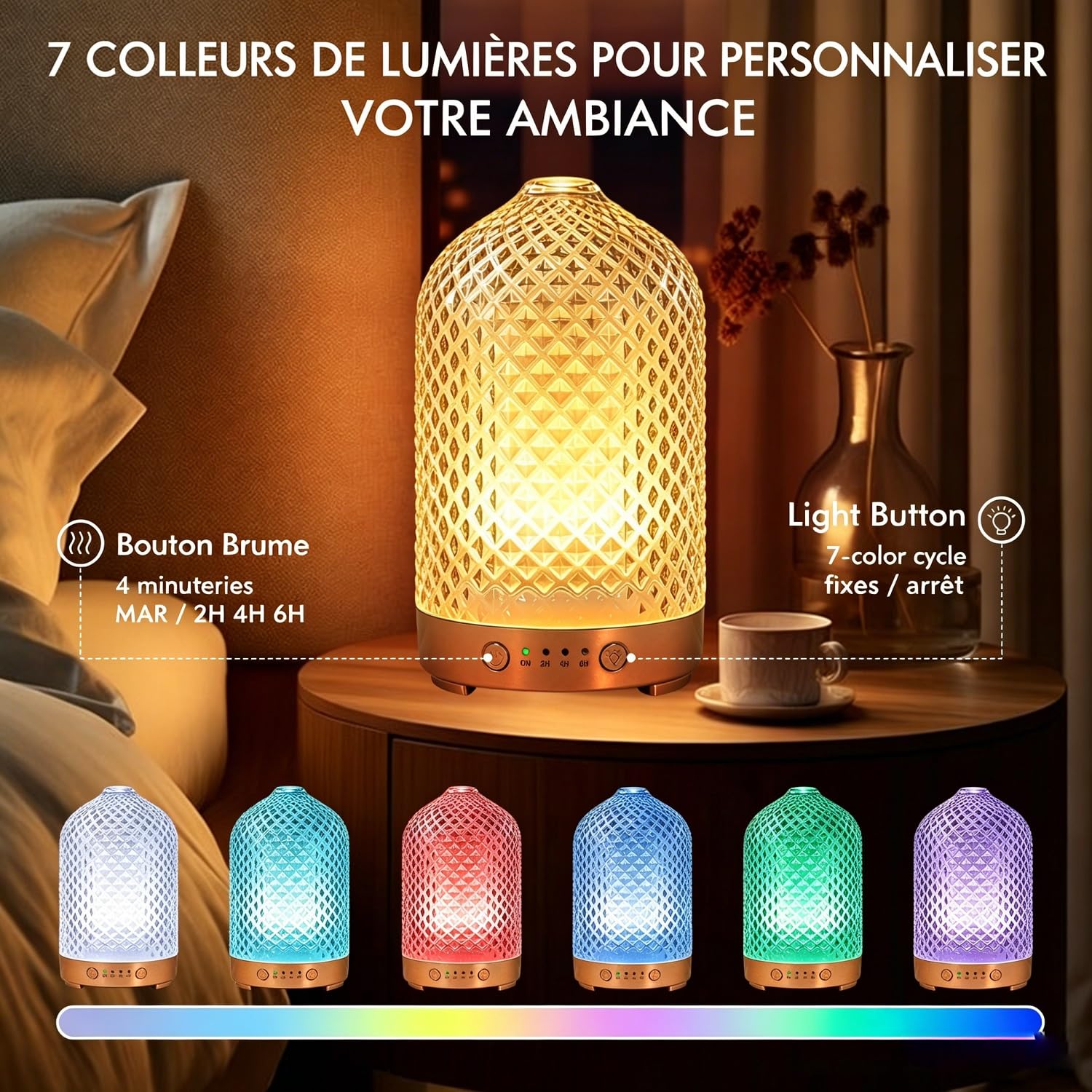 Diffuseur d'huiles essentielles électrique aromathérapie Diffuseurs d'arômes en Verre 200ml Humidificateur avec arrêt Automatique, 7 lumières LED, ultrasonique Silencieux pour la Maison Bureau Cadeau