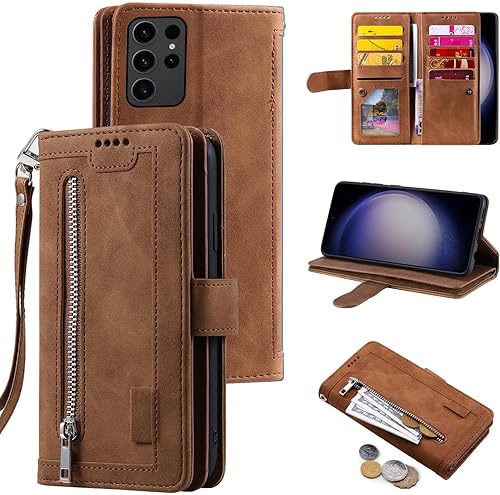 Funda compatible con Samsung Galaxy S23 Ultra 5G tipo cartera para correa de muñeca, correa de piel sintética, soporte para tarjetas con 9 ranuras