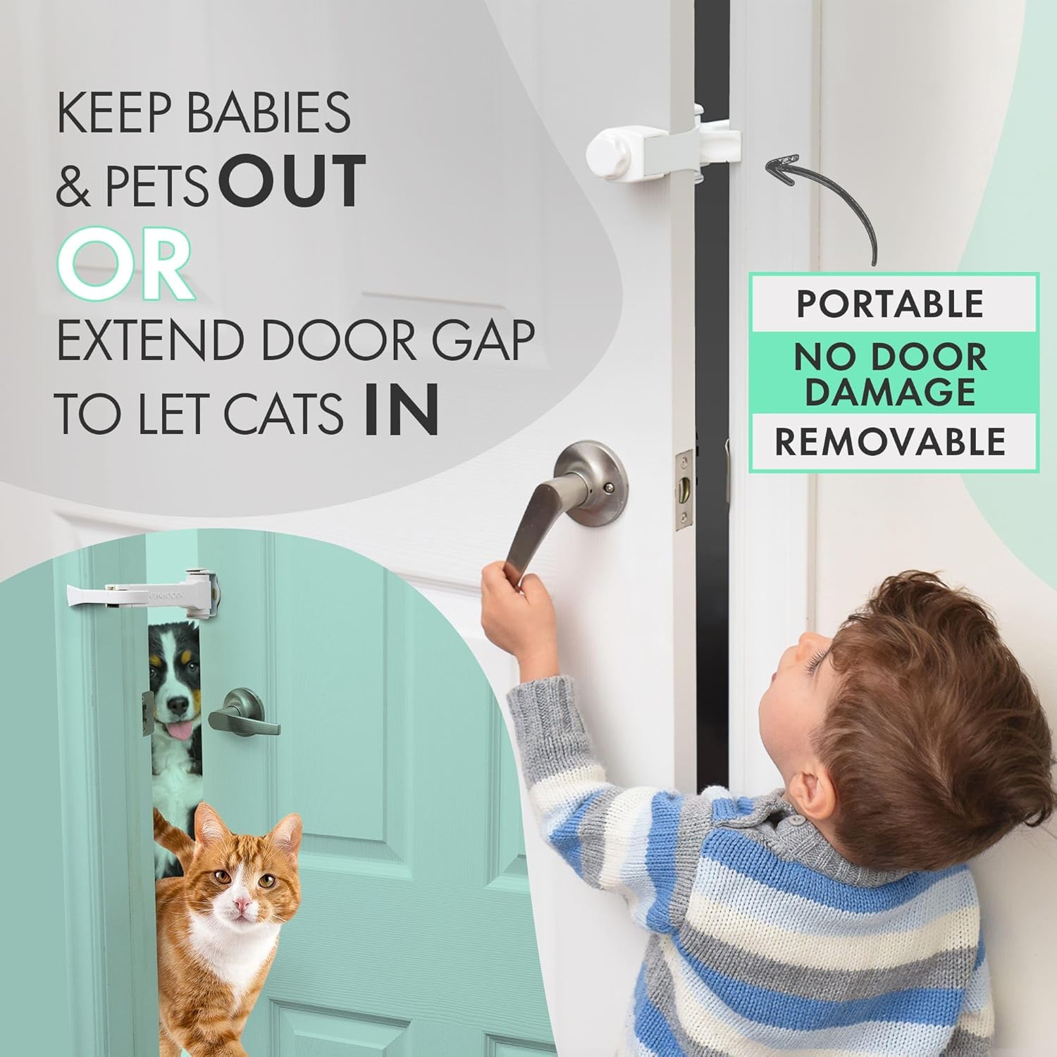Portable Door Lock for Pets & Childproofing. No Adhesives, No Door Damage. Adjustable Cat Door Latch for Baby Proofing. Let Cats in, Keep Kids & Dogs Out. Baby Door Lock & Cat Door Holder