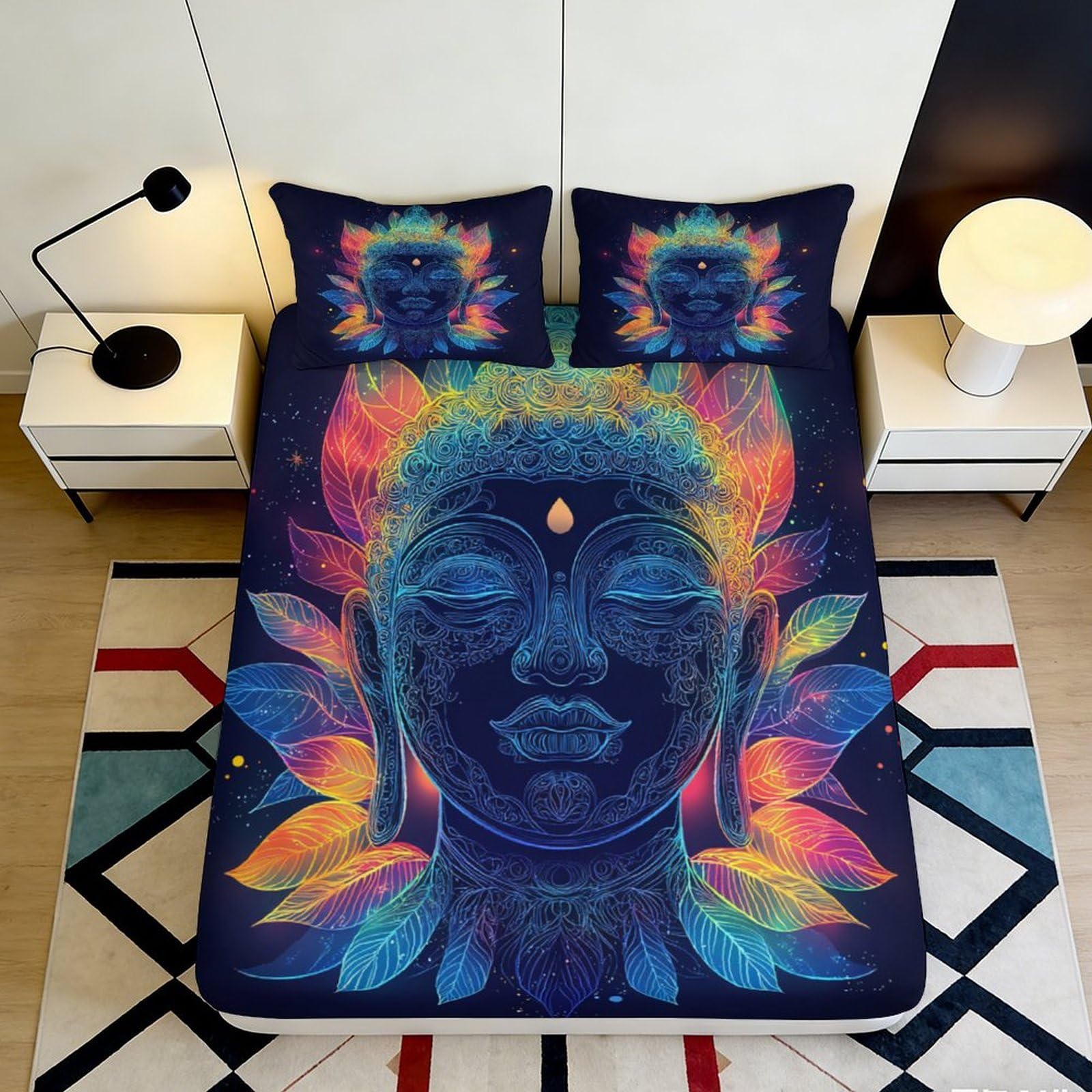 3D Printed Buddha Lotus Fitted Sheet Microfiber Deep Pocket Non-Slip Bedroom Bedding Buddha Mattress Fitted Cover 200x200x25cm 90x200x25cm