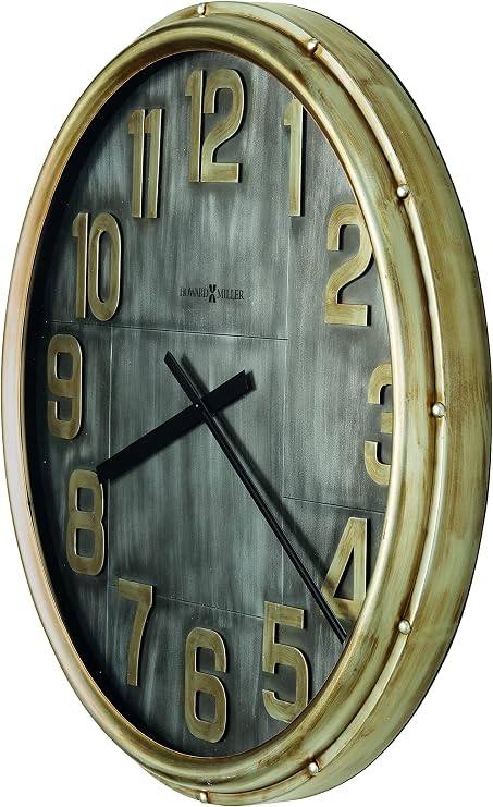 Howard Miller Brender Oversized Wall Clock, Aged Finish Round Analog Display Battery Operated Round Design, Quartz Movement Metal Frame Golden Numerals Best for Home Decor, Office & Kitchen