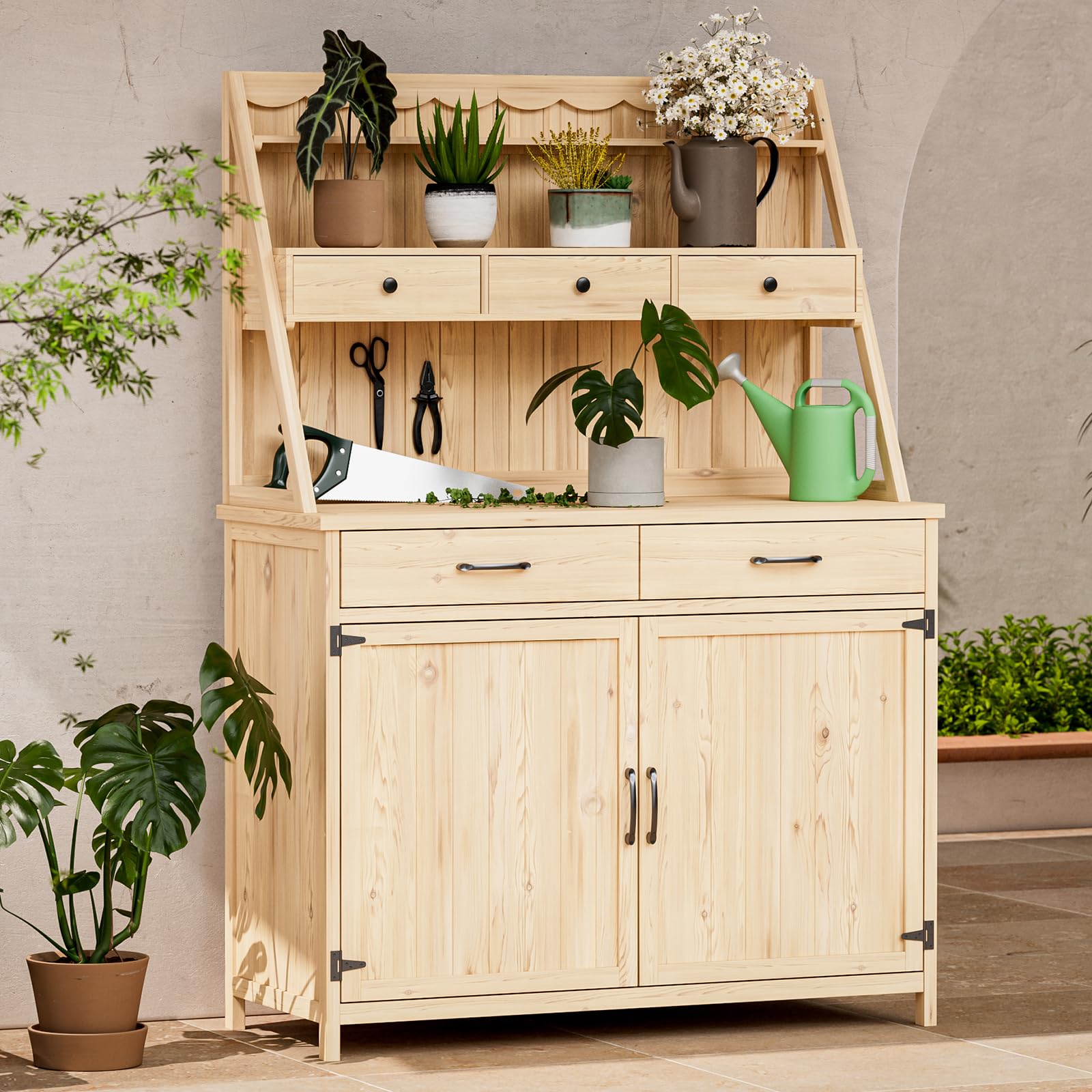 65” Potting Bench Table for Outside, Garden Table for Outdoors with Storage Cabinet, Shelves, Drawers, Work Bench for Planting, Gardening (Natural Wood)