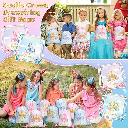 Miniatura 6 de Censen Juego de 24 bolsas con cordón a granel de 12 x 10 pulgadas, bolsas de regalo de princesa príncipe, corona, castillo, floral, bolsa de regalo