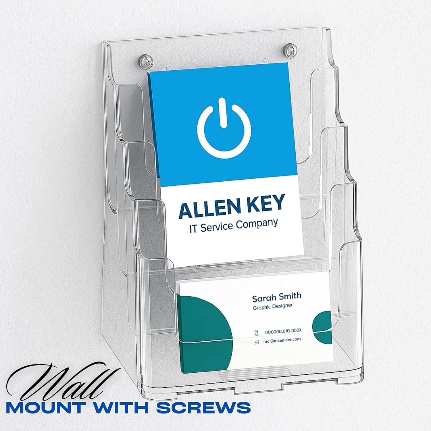 Acrylic 4-Tier Brochure Holder Pack of 2 with Free Business Card Holder 9" x 13" – Wall Mount or Countertop Organizer for Magazines, Pamphlets, Flyers, and Menus holder with Divider for 4