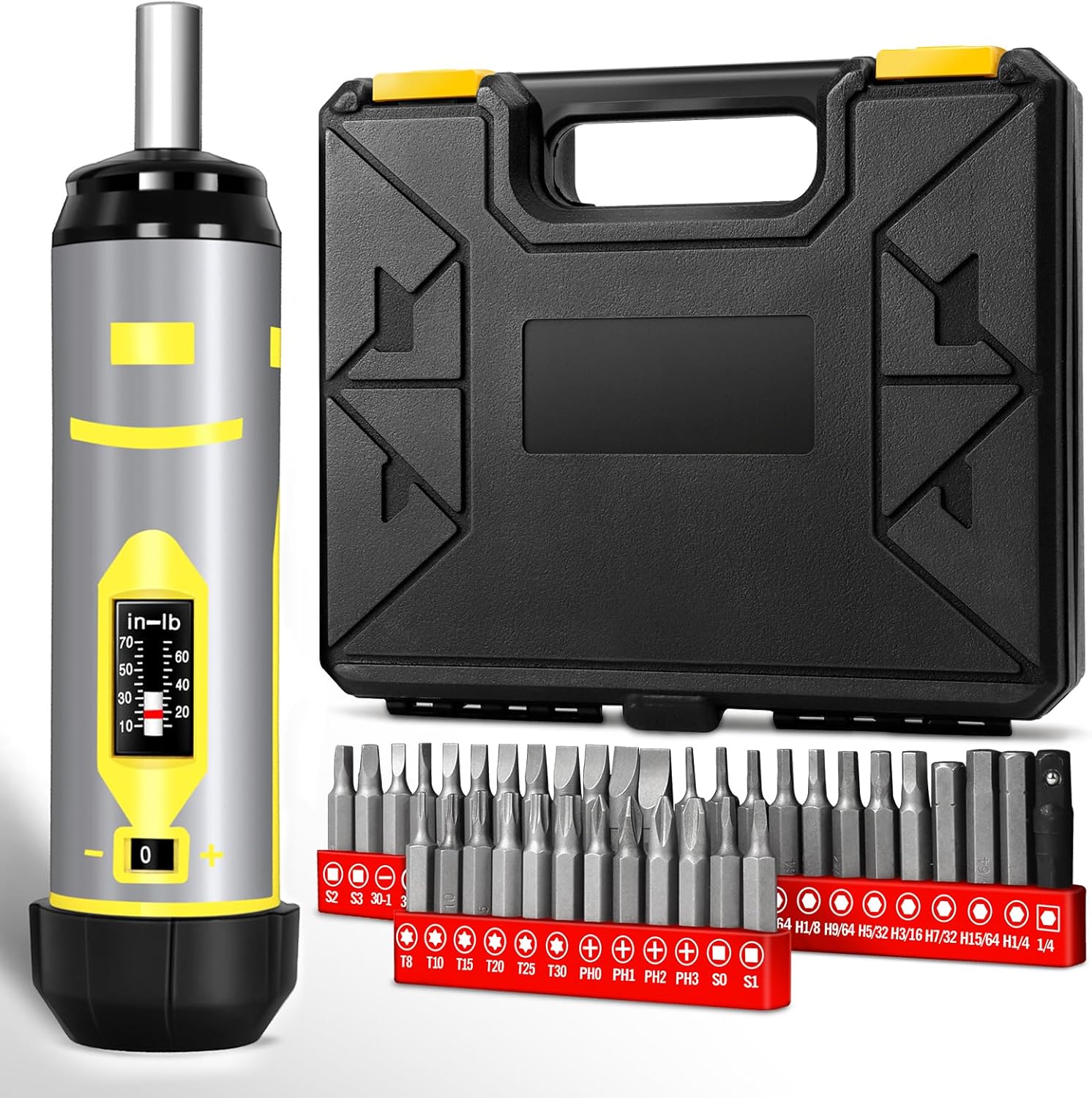 Torque Wrench with Screwdriver Bit Set 10-70 Inch Pounds, 36 S2 Bits - Hex,Torx, Flat,Phillip,Square and 1/4‘’ Adapter,Ideal for Accurizing Scope Mounting, Bicycle Repairing and Maintenance Screwdriver/39pc
