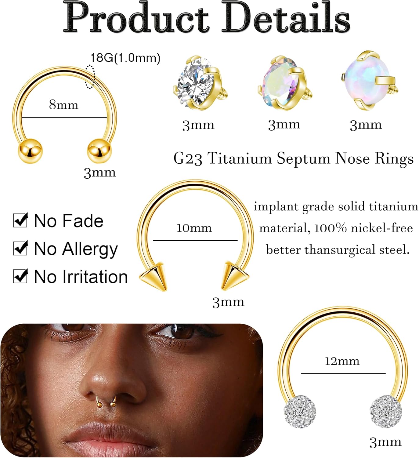 16G 18G G23 Titanium Septum Nose Rings for Women Men Horseshoe Nose Ring for Sensitive Skin Internally Threaded Opal Ball Spike CZ Helix Daith Cartilage Tragus Hoop Earrings Lip Piercing Jewelry - Image 3