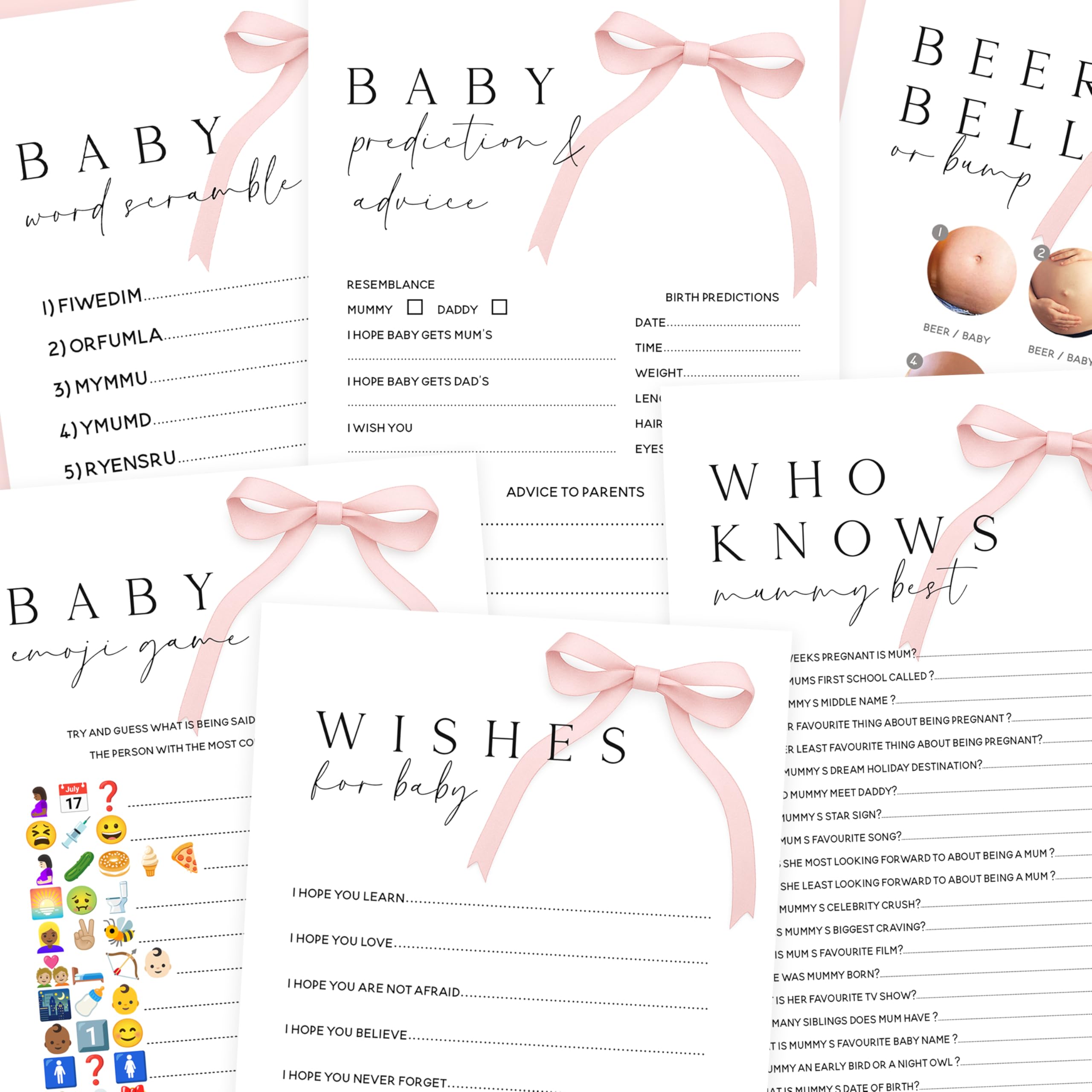 The Little Party Company Baby Shower Games Bundle, Pink Bow Theme, 6 Double-Sided A5 Cards for 10 Players, Includes Prediction, Word Scramble, Emoji Game, Who Knows Mummy Best