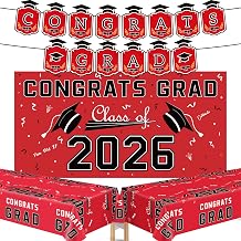 Graduation Decorations 2026 2027 - Red Congrats Grad Banner Backdrop Tablecloth Set - Graduation Decorations Class of 2026 | Graduation Party Favors Supplies