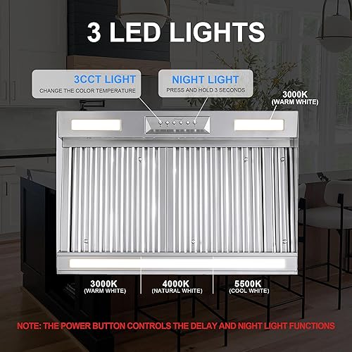 Miniatura 6 de Akicon Campana extractora de 30 pulgadas, 600 CFM con 4 velocidades, campana de estufa de conducto ultra silenciosa, luces LED de 3CCT y filtros