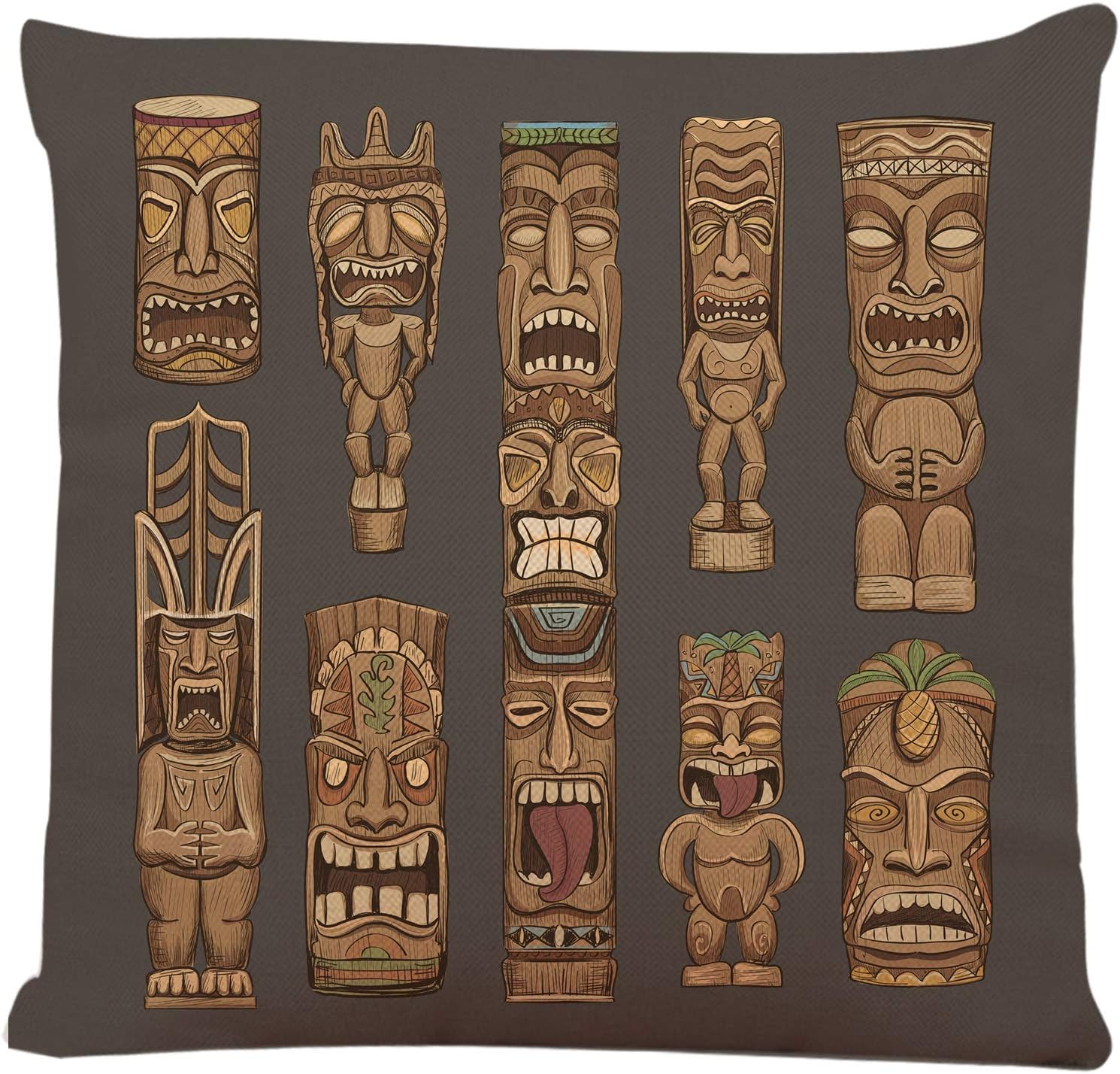 Throw Pillow Cover Collection of Wooden Tiki Idols Beautiful Color Totem Bar Luau Square Decorative Throw Pillow Cushion Case for Home Couch Living Room Bed Sofa Car 18 x 18 Inch Pillowcase