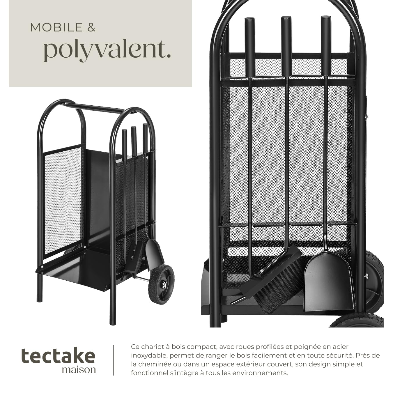 tectake® Chariot à buches, Capacité de Charge 35 kg, Inclus Tisonnier, Balai, Pelle cheminée, Chariot à roulettes, Serviteur cheminée, Range buche Interieur, Rangement Bois Interieur, Range-bûches