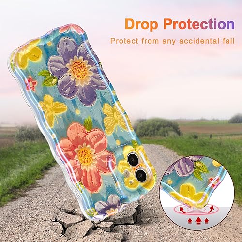 Miniatura 43 de EYZUTAK - Funda protectora de TPU para iPhone 15, estilo retro colorido, diseño láser brillante de pintura al óleo, estampado floral, borde