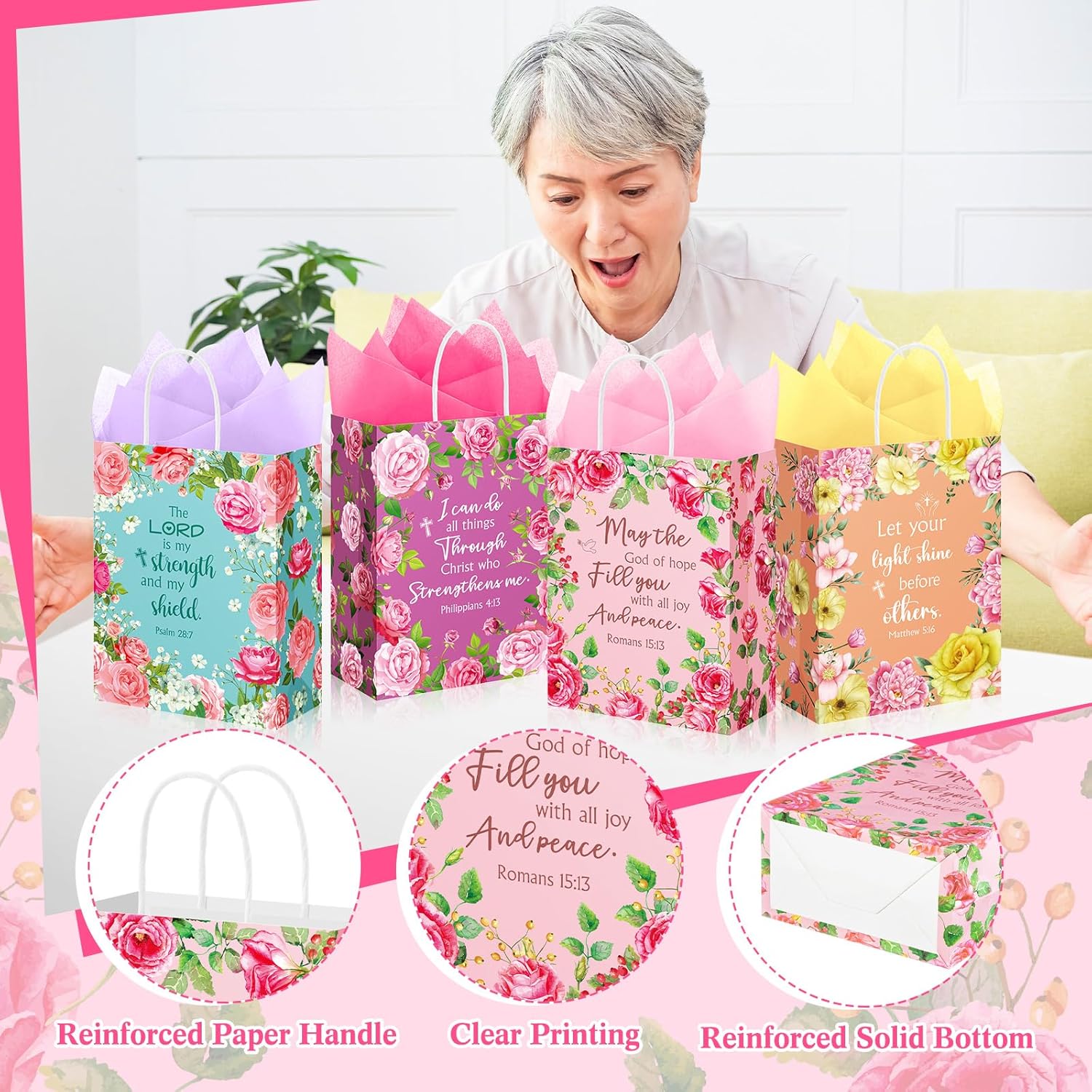 Kolldenn 100 Pcs Christian Gift Bags for Women Bulk Inspirational Gift Bags with Tissue Paper and Handles for Mom Grandma Wife Mother's Day Church Wedding Present Wrapping Supplies (Elegant Style)