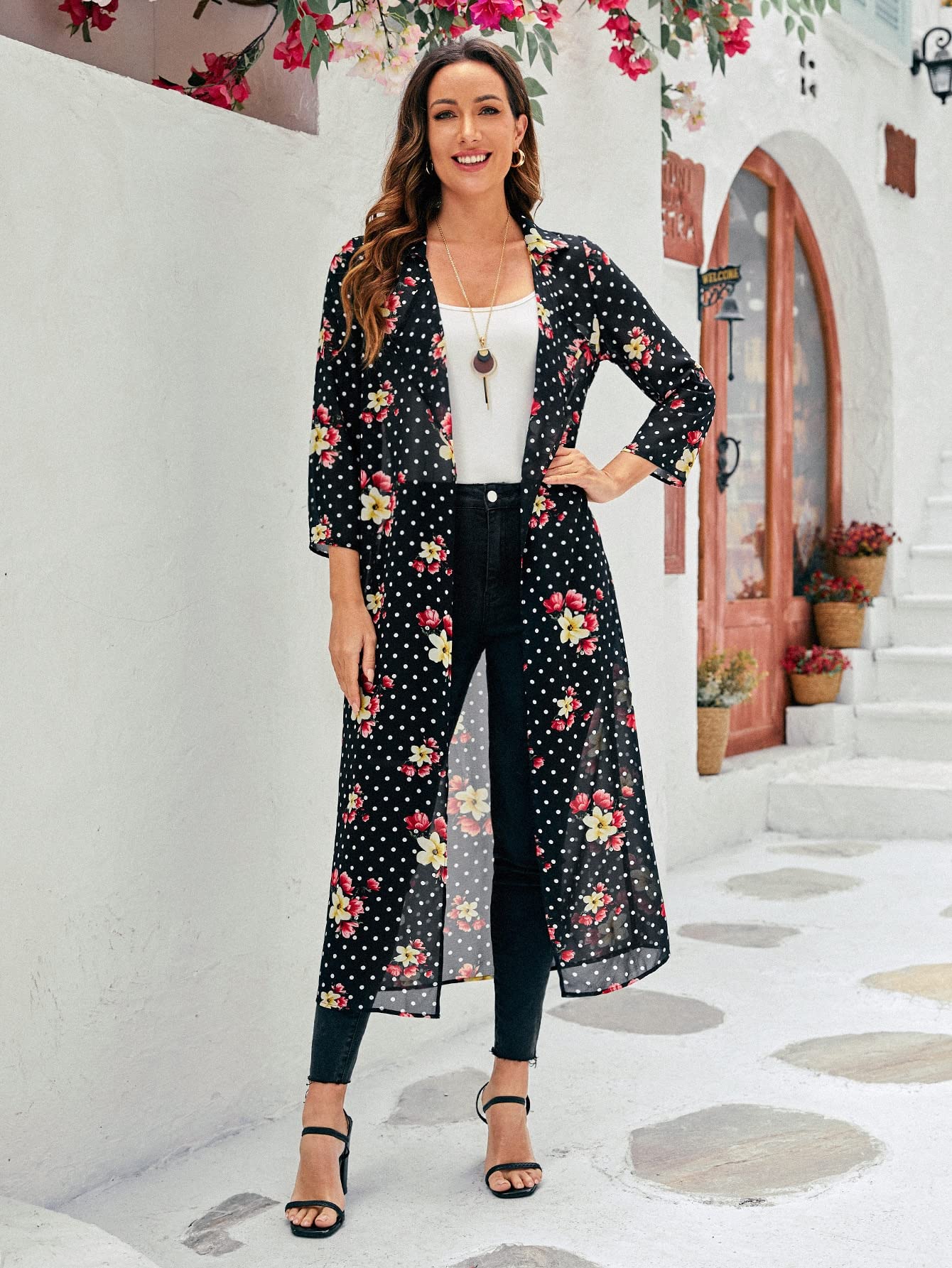 Amazon.co.jp: Polka Dot & Floral Open Front Chiffon Coat Women's