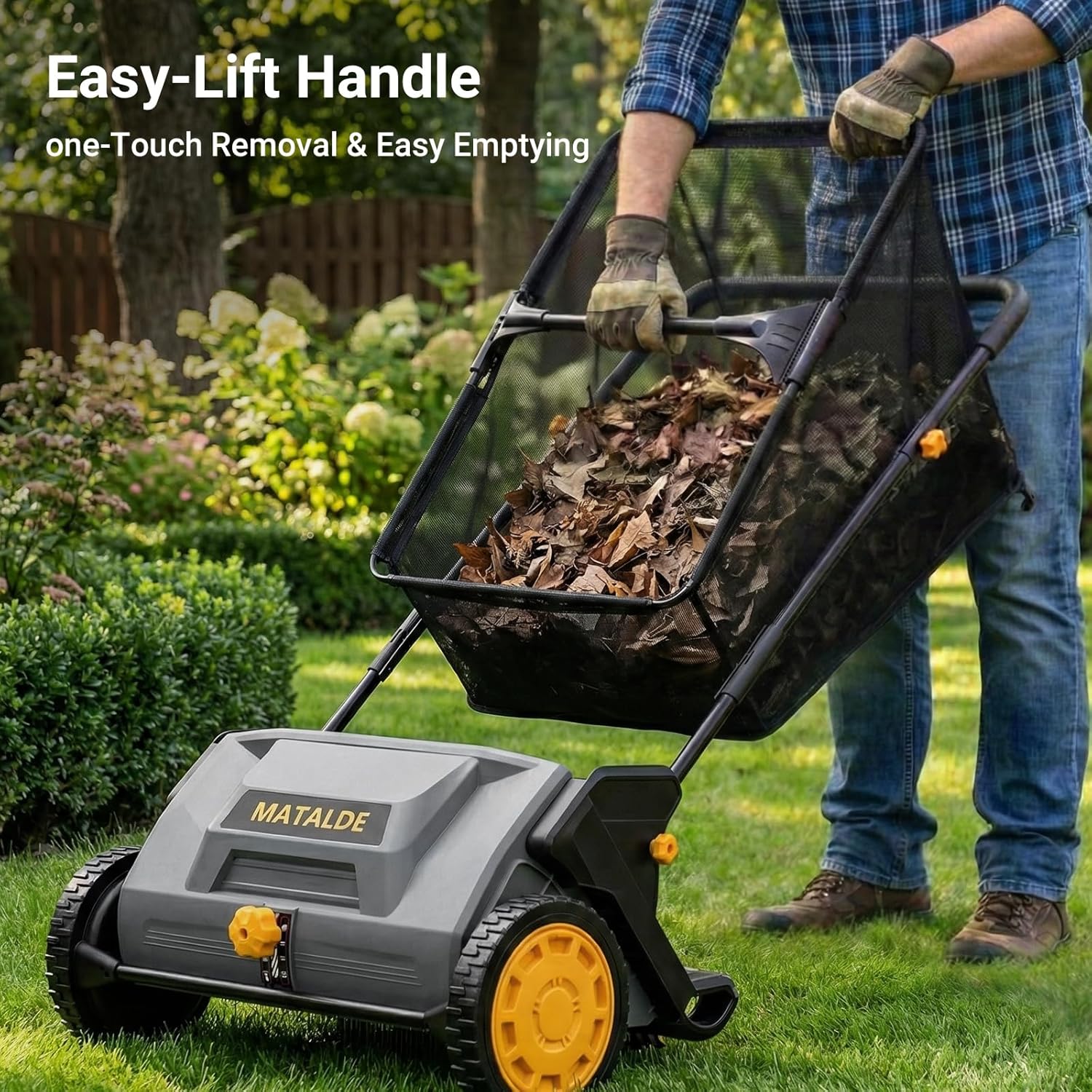 21" Push Lawn Sweeper with 103L Mesh Collection Hopper Bag,200L Leaf Bag, 4 Adjustable Height Spinning Brushes– Quick Cleaning for Leaves and Grass,Grey