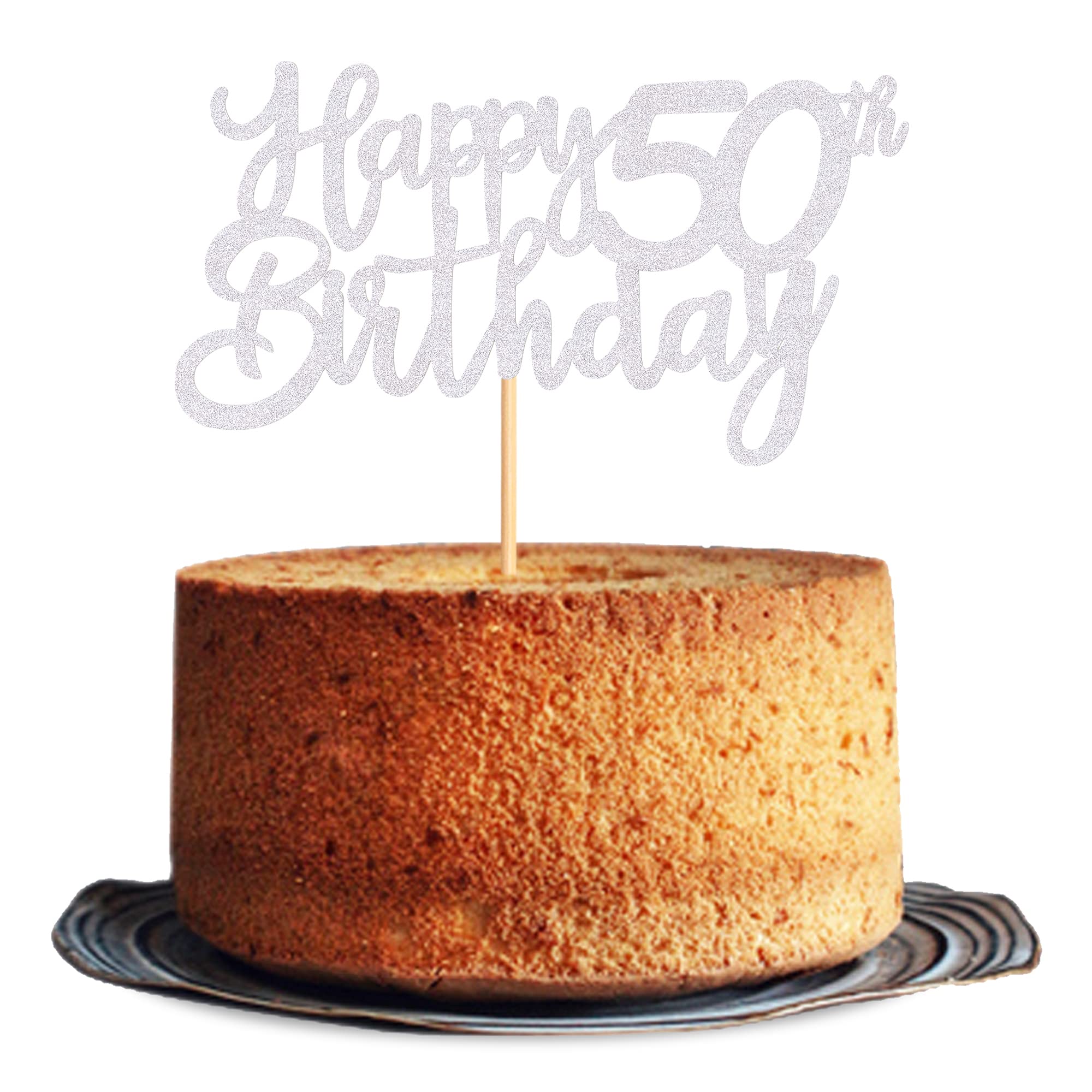 Cyodoos Silver Glitter 50th Happy Birthday Cake Topper Adult Food Picks for Celebrating Fifty Years Old Birthday Anniversary Party Decorations Supply