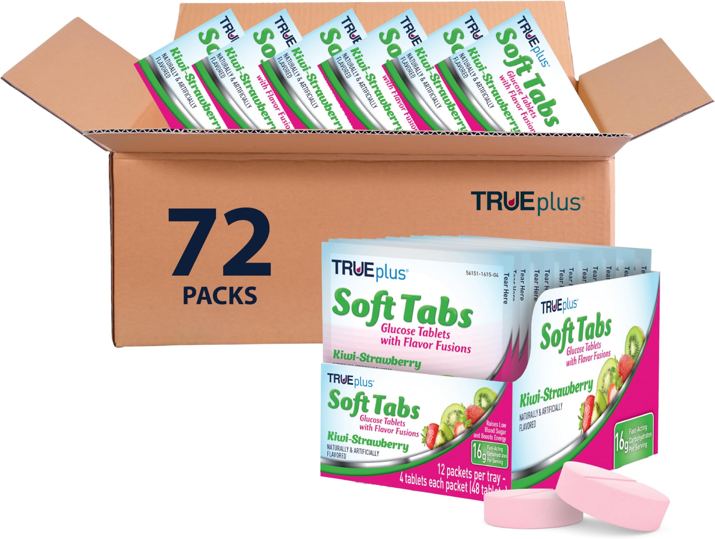 TRUEplus Soft Tabs Glucose Tablets, Kiwi Strawberry Flavor, 4 Ct, 72 Packs