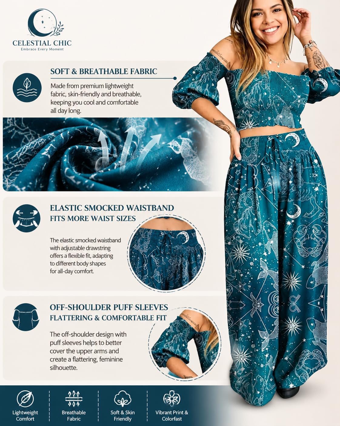 Womens Celestial Clothing Witchy Whimsigoth Outfits Cotton Co-ord Lounge Set Summer Vacation Travel Clothes